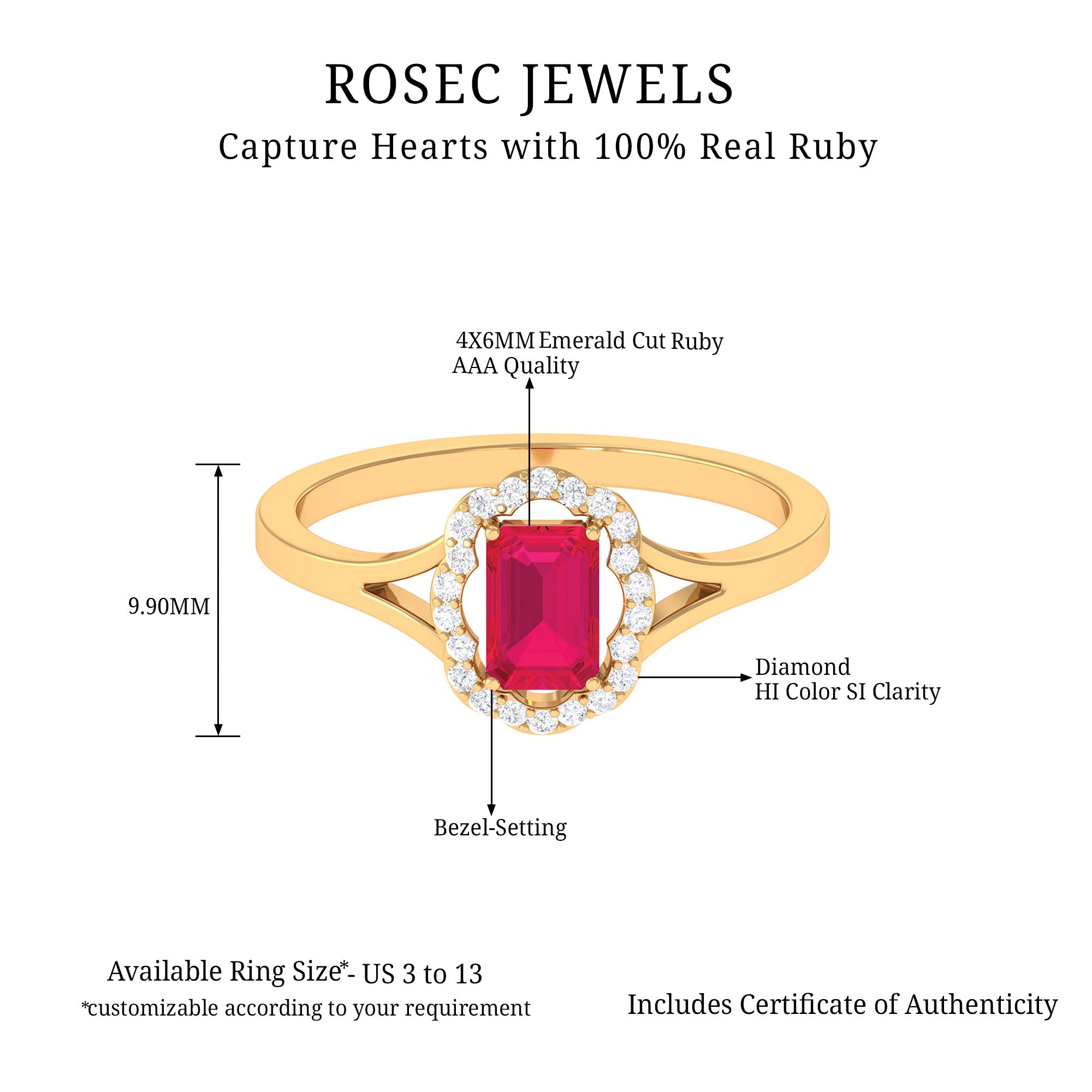 Emerald Cut Ruby and Diamond Floral Halo Ring with Split Shank Ruby - ( AAA ) - Quality - Rosec Jewels