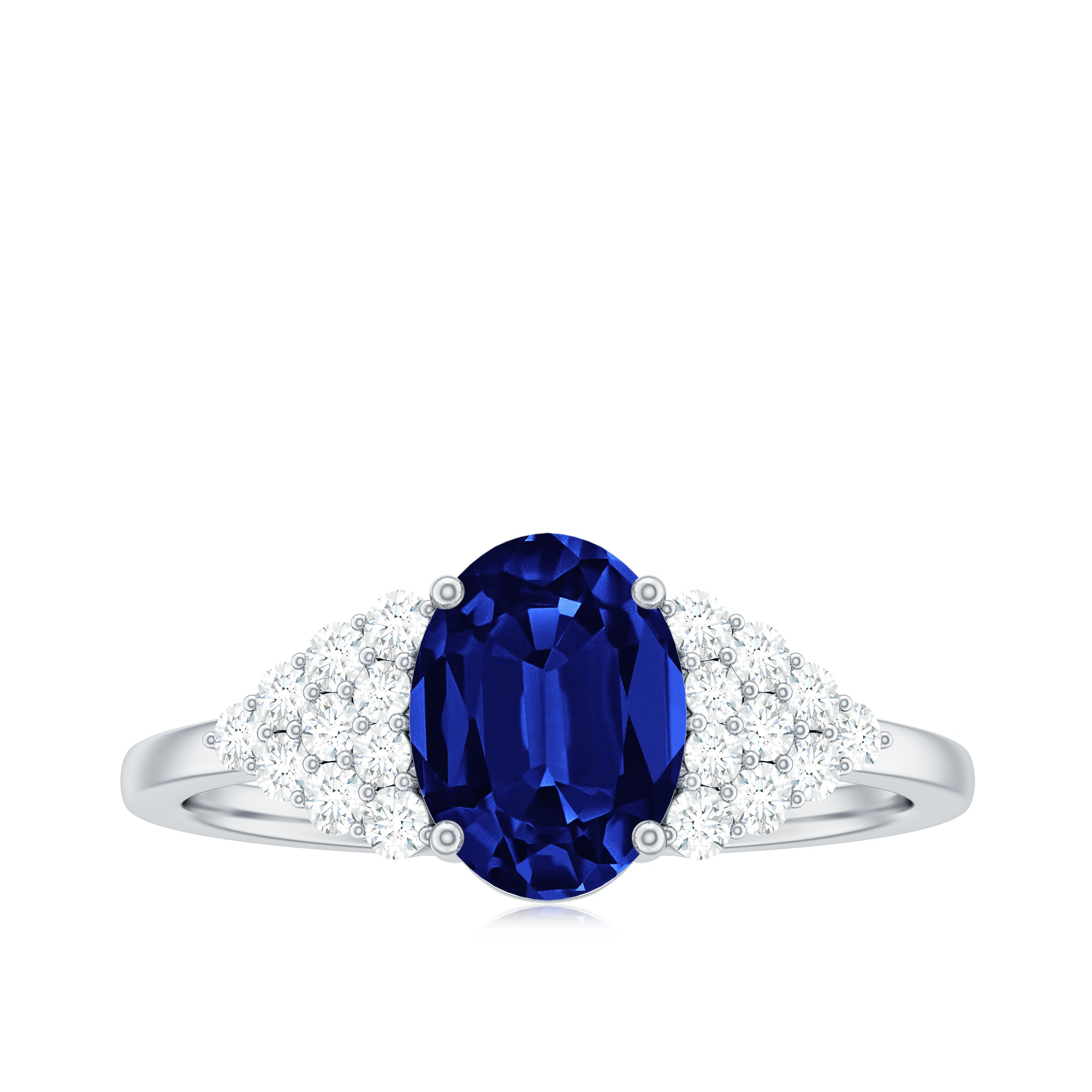 Oval Lab Grown Blue Sapphire Engagement Ring with Diamond Cluster Lab Created Blue Sapphire - ( AAAA ) - Quality - Rosec Jewels