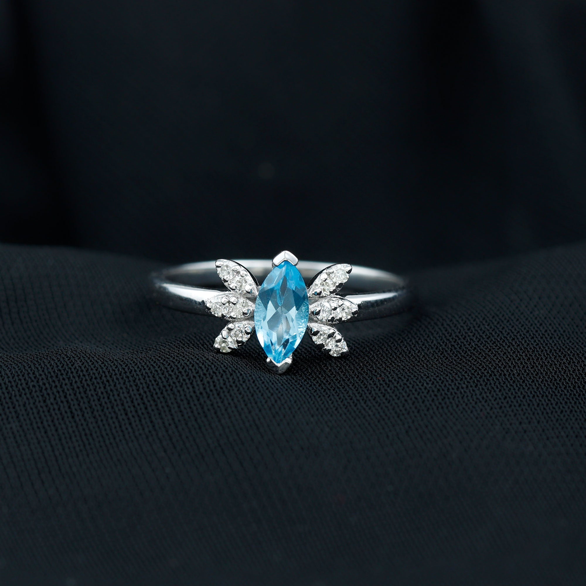 1 CT Marquise Cut Swiss Blue Topaz Promise Ring with Moissanite Swiss Blue Topaz - ( AAA ) - Quality 92.5 Sterling Silver 9 - Rosec Jewels