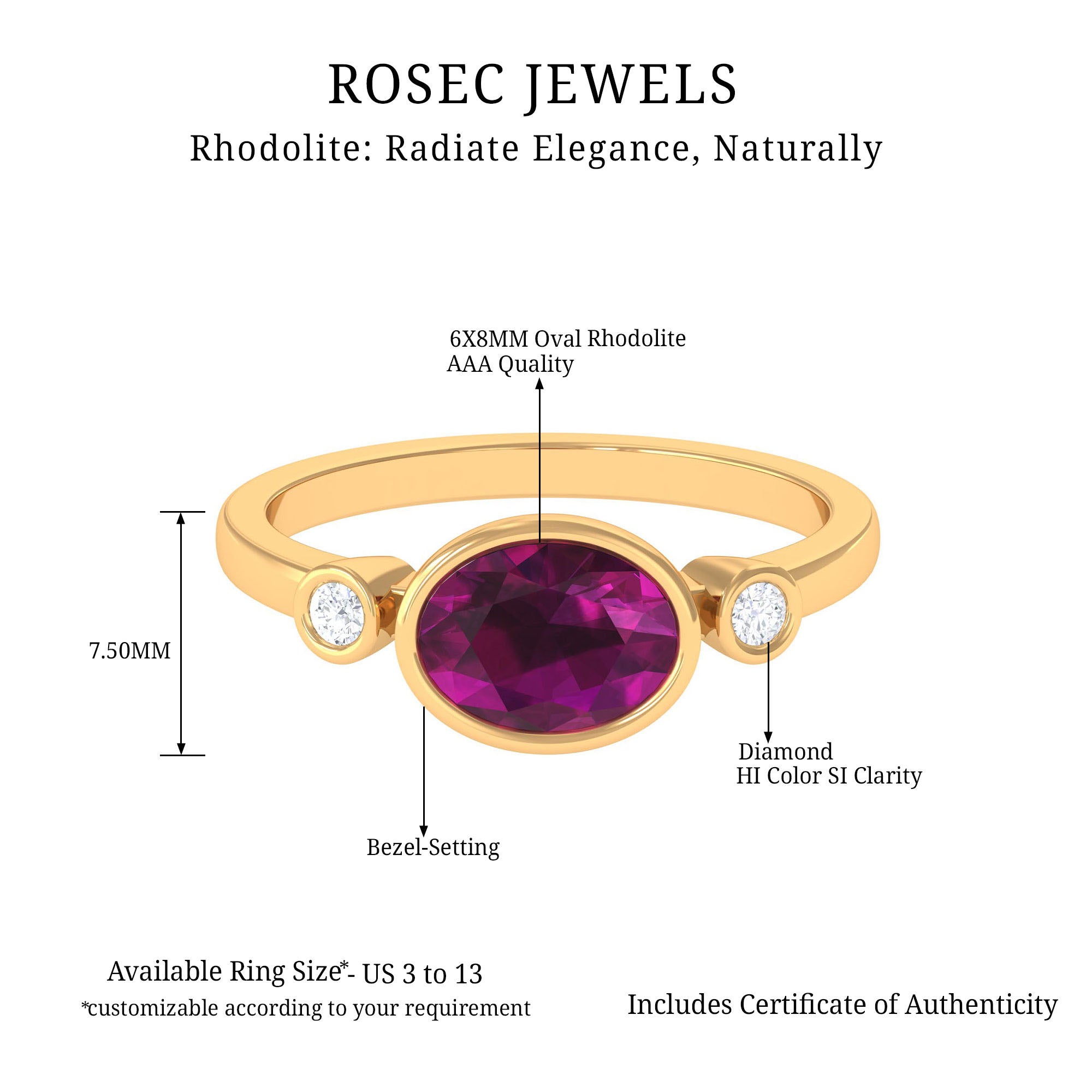 1.75 CT Oval Cut Rhodolite East West Ring with Diamond Stones Rhodolite - ( AAA ) - Quality - Rosec Jewels