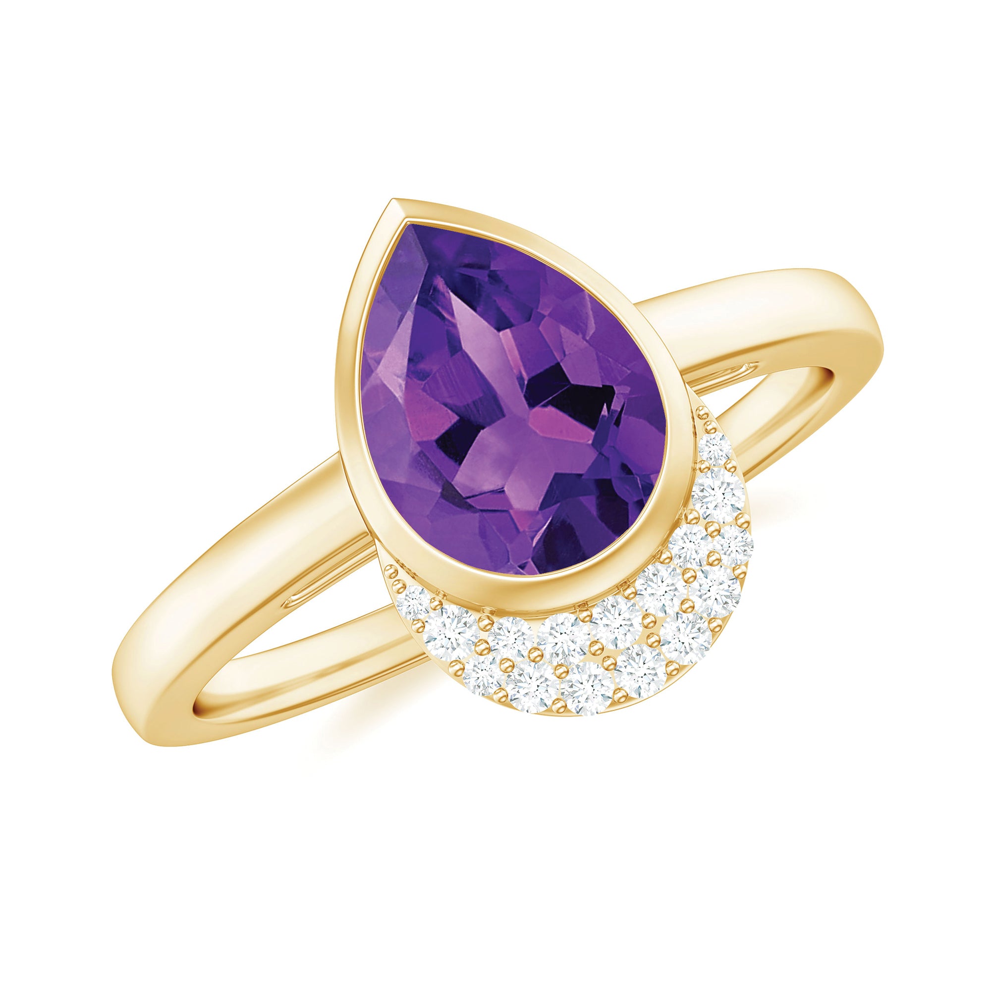 Bezel Set Amethyst Teardrop Cocktail Ring with Diamond Accent Amethyst - ( AAA ) - Quality - Rosec Jewels