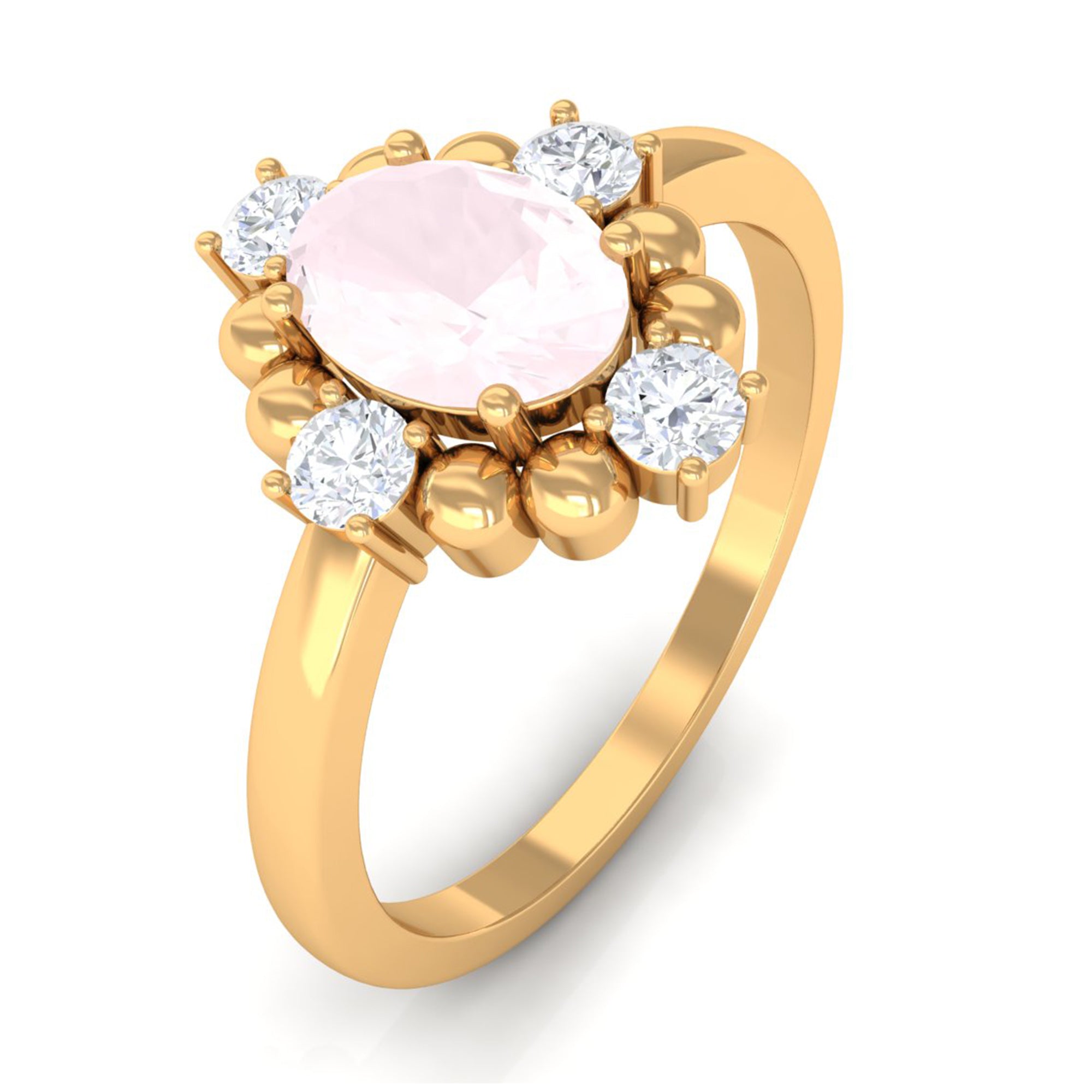 Oval Rose Quartz Cocktail Ring with Diamond Rose Quartz - ( AAA ) - Quality - Rosec Jewels