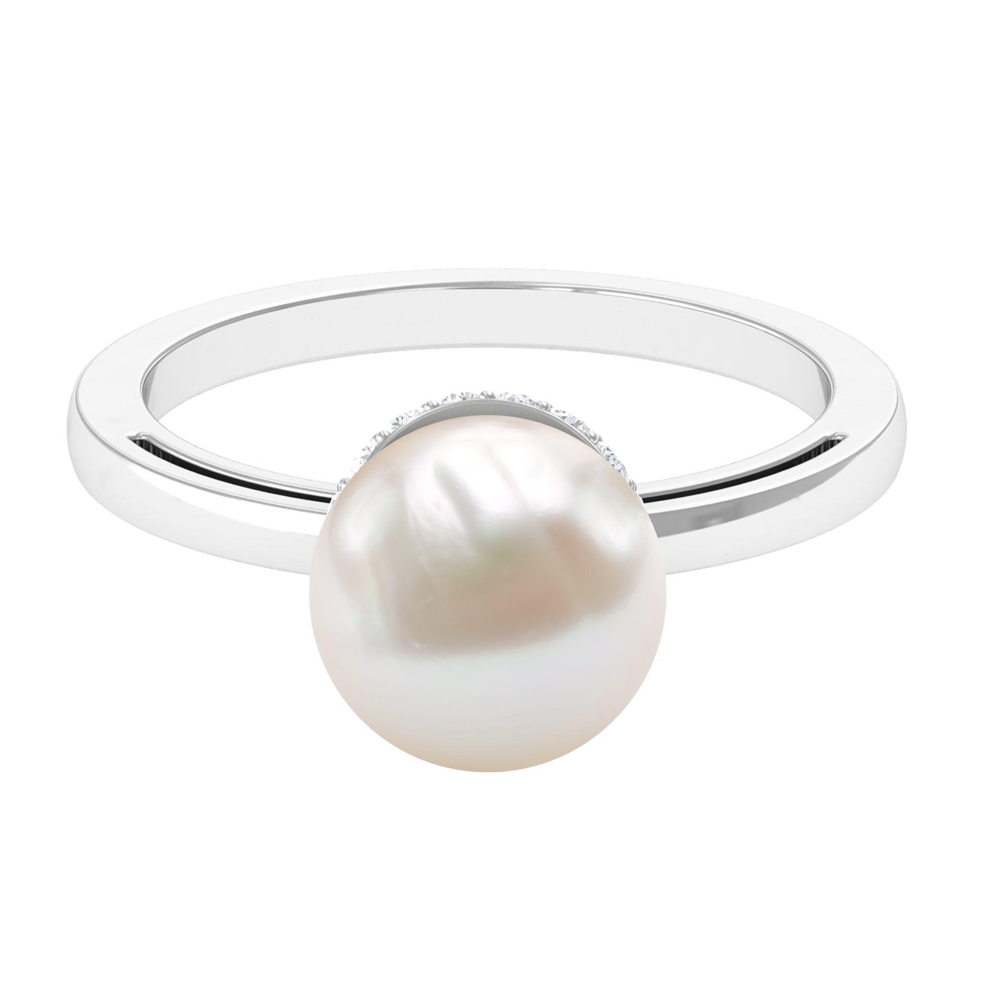 Round Freshwater Pearl Solitaire Ring with Diamond Hidden Halo Freshwater Pearl - ( AAA ) - Quality - Rosec Jewels