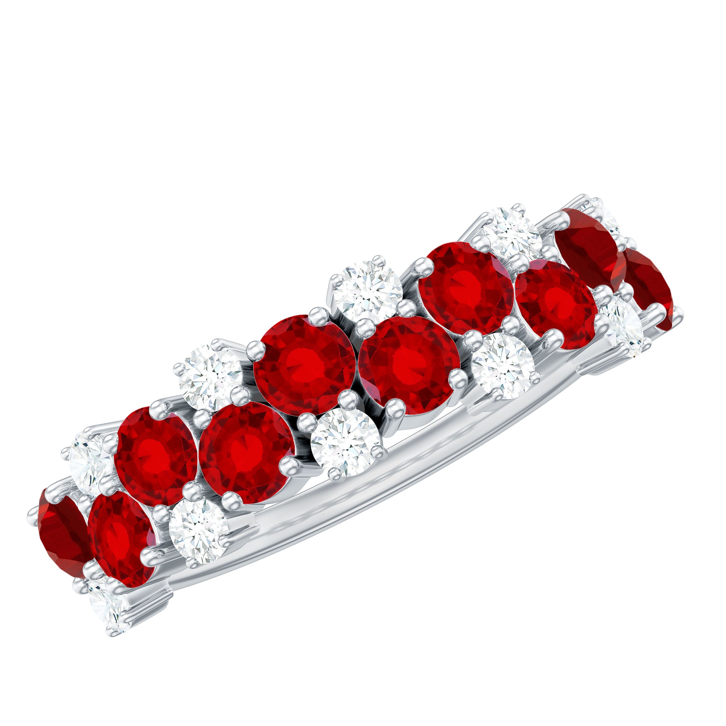 2 CT Round Created Ruby and Moissanite Cluster Half Eternity Ring Lab Created Ruby - ( AAAA ) - Quality - Rosec Jewels