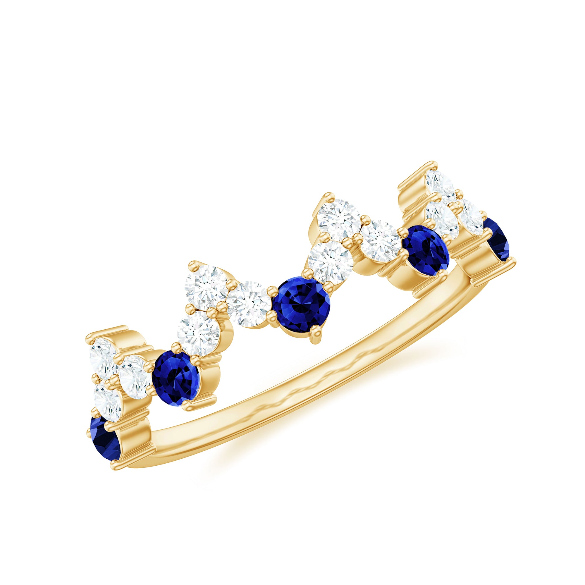 Created Blue Sapphire and Diamond Zig Zag Half Eternity Ring Lab Created Blue Sapphire - ( AAAA ) - Quality - Rosec Jewels