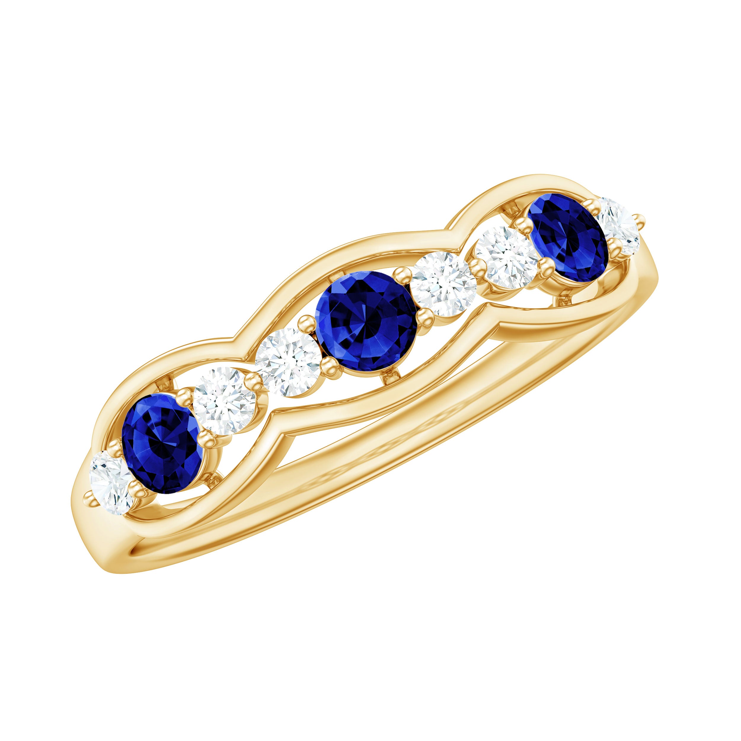 Round Shape Certified Created Blue Sapphire and Diamond Anniversary Ring Lab Created Blue Sapphire - ( AAAA ) - Quality - Rosec Jewels