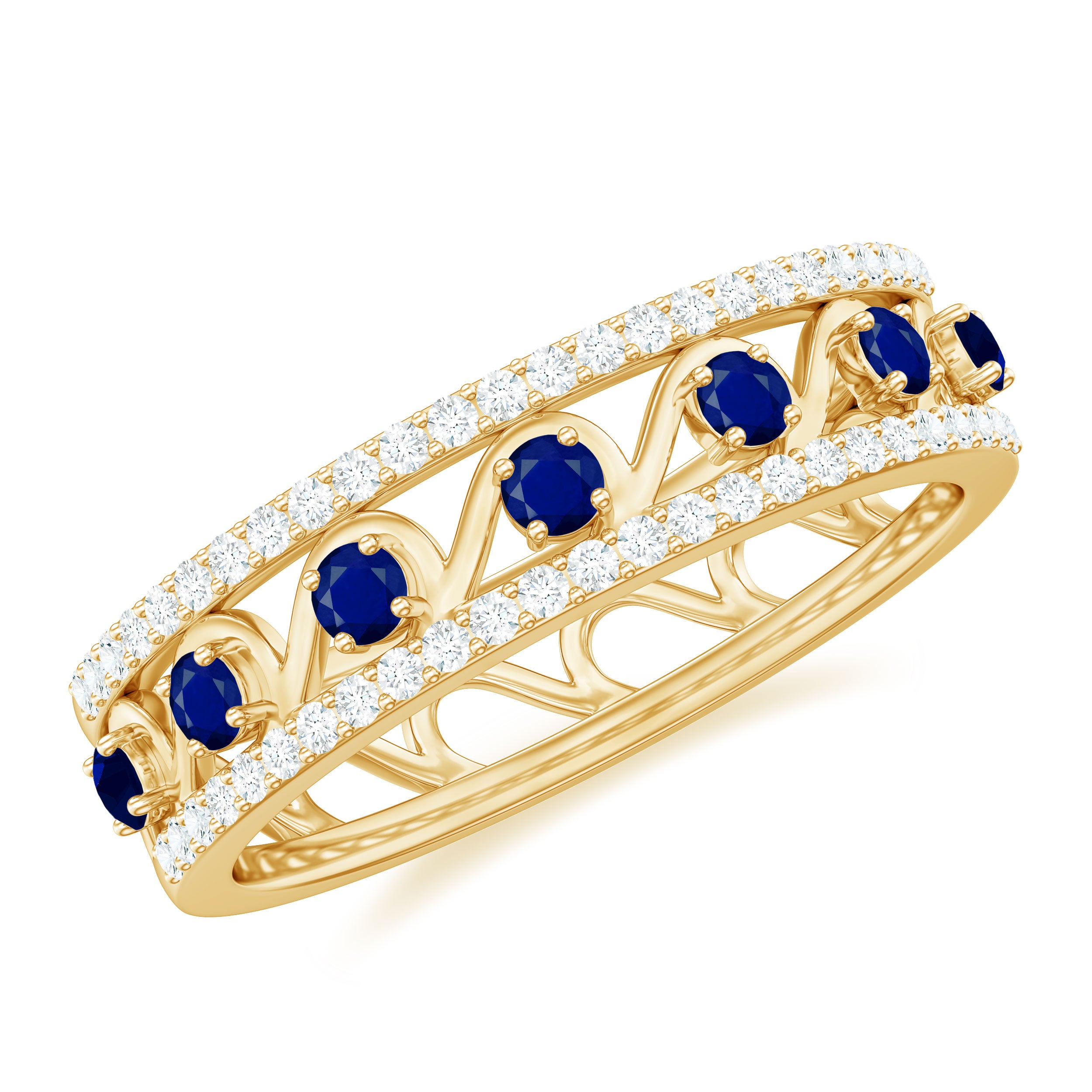 Designer Blue Sapphire and Diamond Half Eternity Band Ring Blue Sapphire - ( AAA ) - Quality - Rosec Jewels