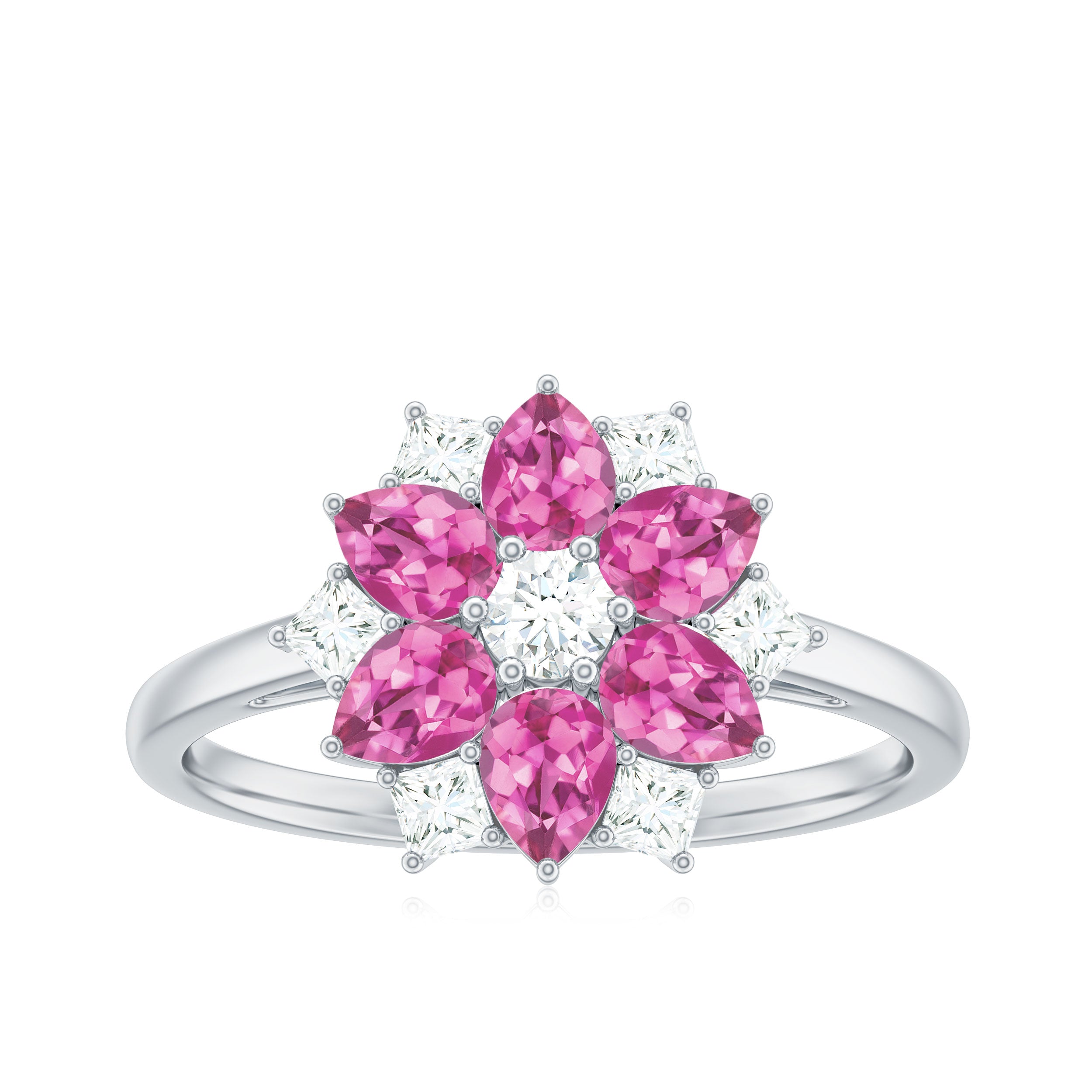 Natural Pink Tourmaline Flower Ring with Moissanite Pink Tourmaline - ( AAA ) - Quality - Rosec Jewels