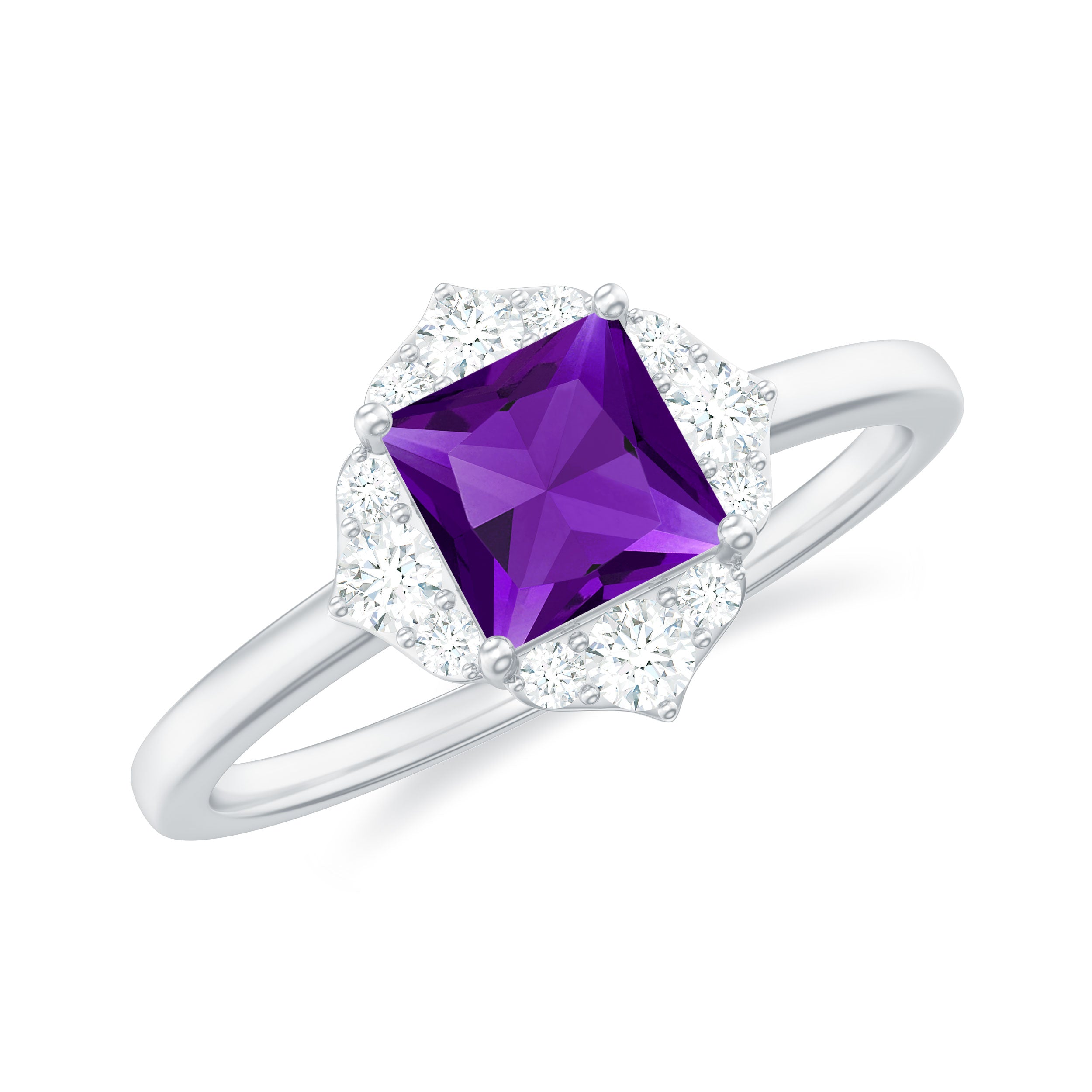 Princess Cut Amethyst and Diamond Flower Halo Ring Amethyst - ( AAA ) - Quality - Rosec Jewels