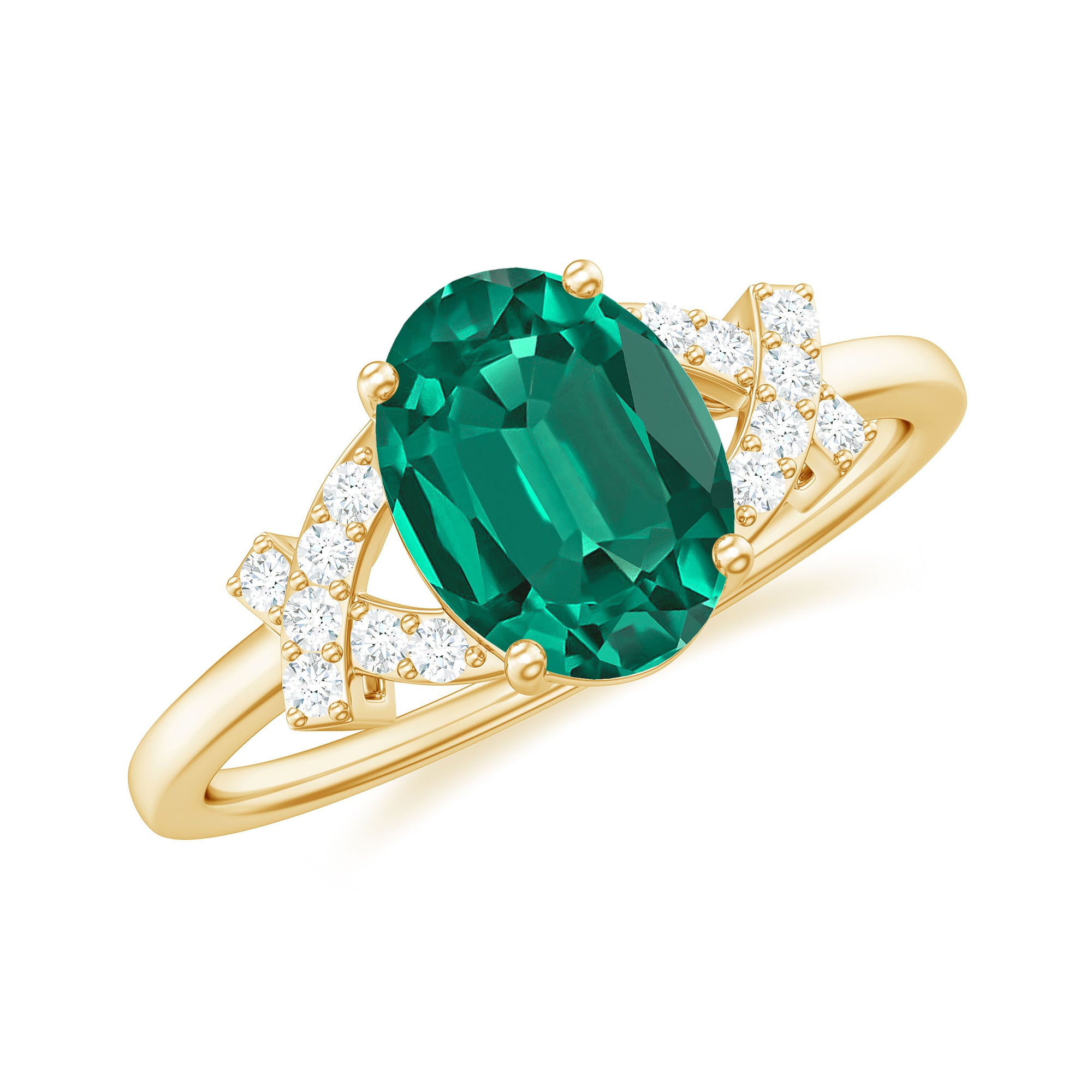 1.5 CT Oval Created Emerald Solitaire Split Shank Ring with Diamond Lab Created Emerald - ( AAAA ) - Quality - Rosec Jewels