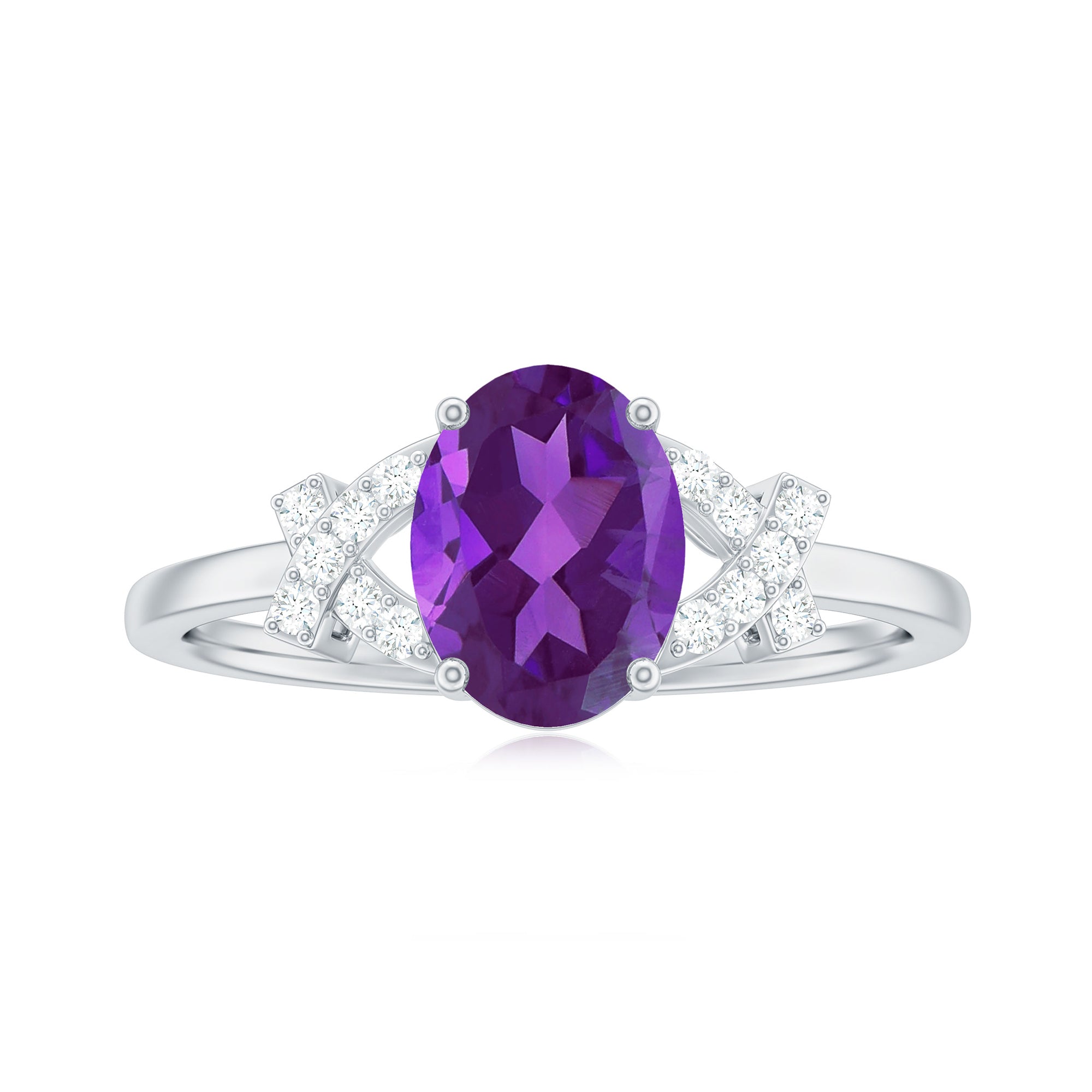 Oval Amethyst Solitaire Ring with Diamond in Split Shank Amethyst - ( AAA ) - Quality - Rosec Jewels