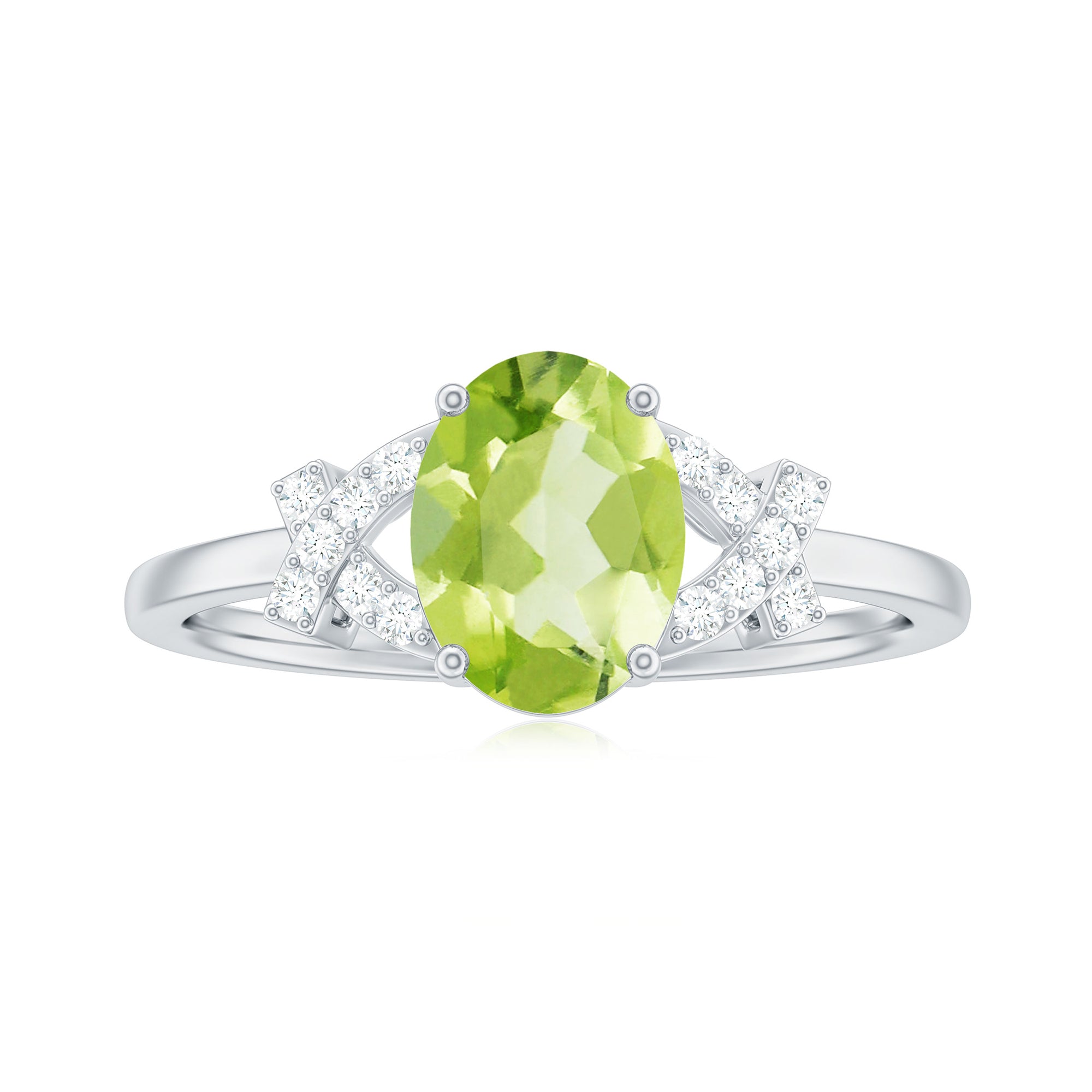 Split Shank Oval Peridot and Diamond Solitaire Engagement Ring Peridot - ( AAA ) - Quality - Rosec Jewels