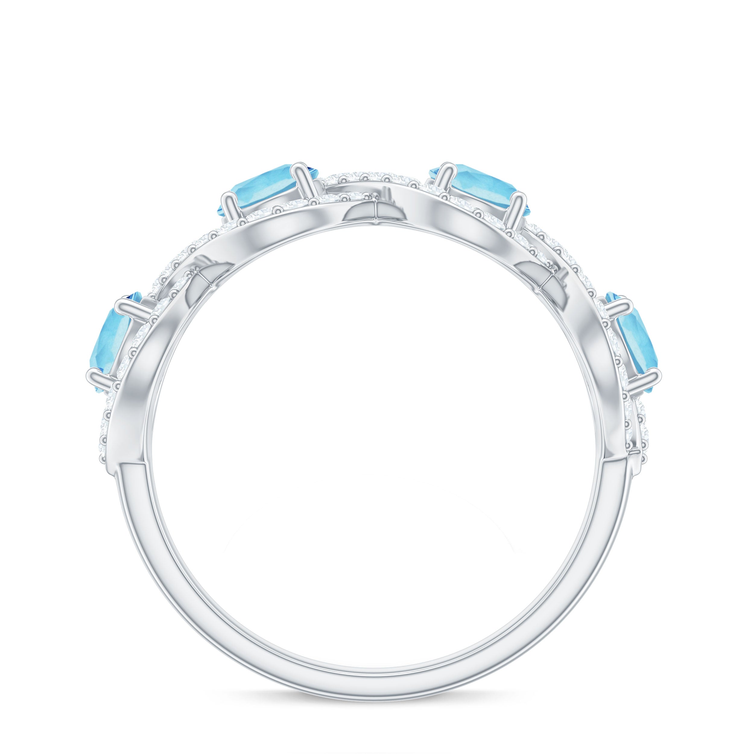 Braided Half Eternity Ring with Aquamarine and Diamond Aquamarine - ( AAA ) - Quality - Rosec Jewels