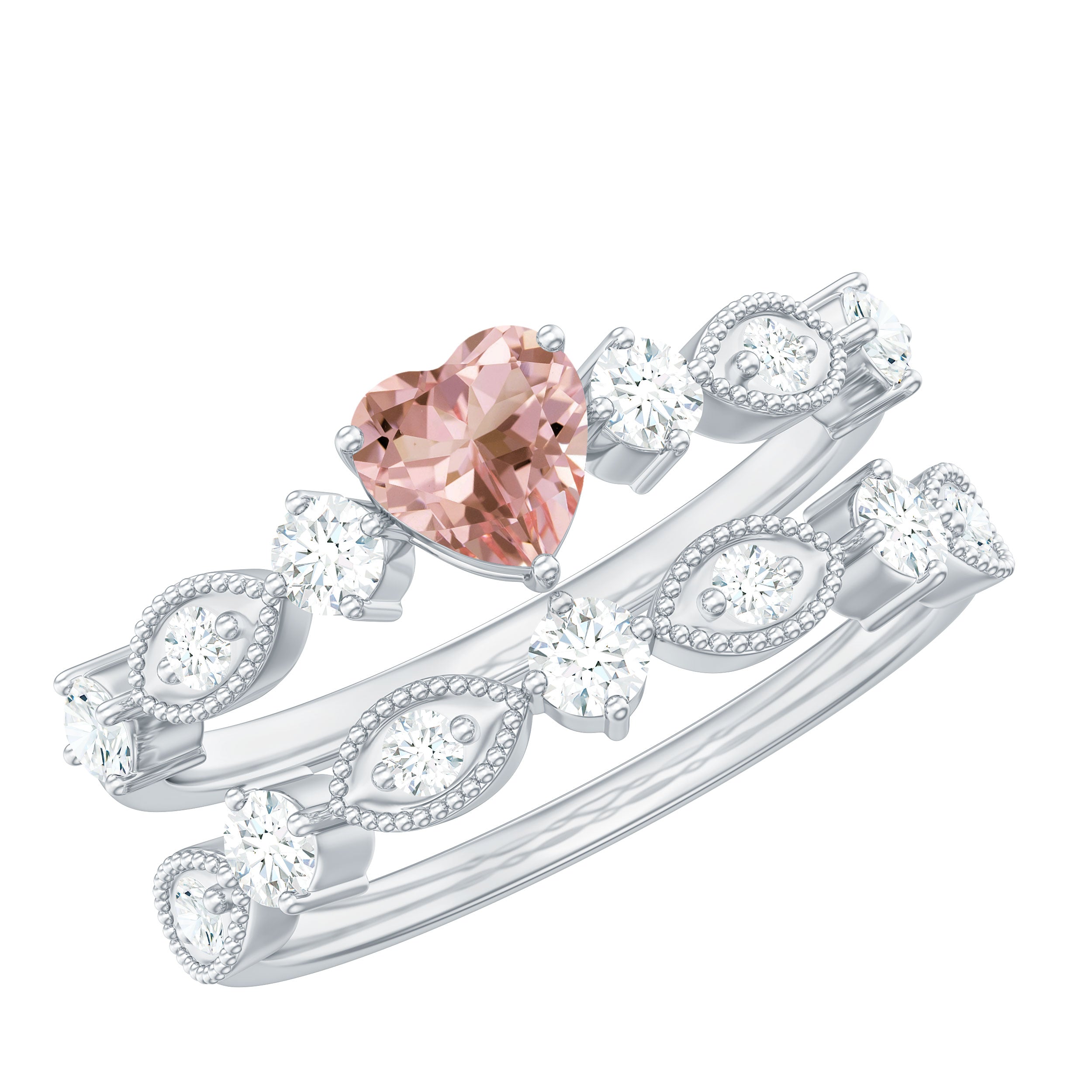 Heart Shape Morganite Stackable Ring Set with Diamond Morganite - ( AAA ) - Quality - Rosec Jewels