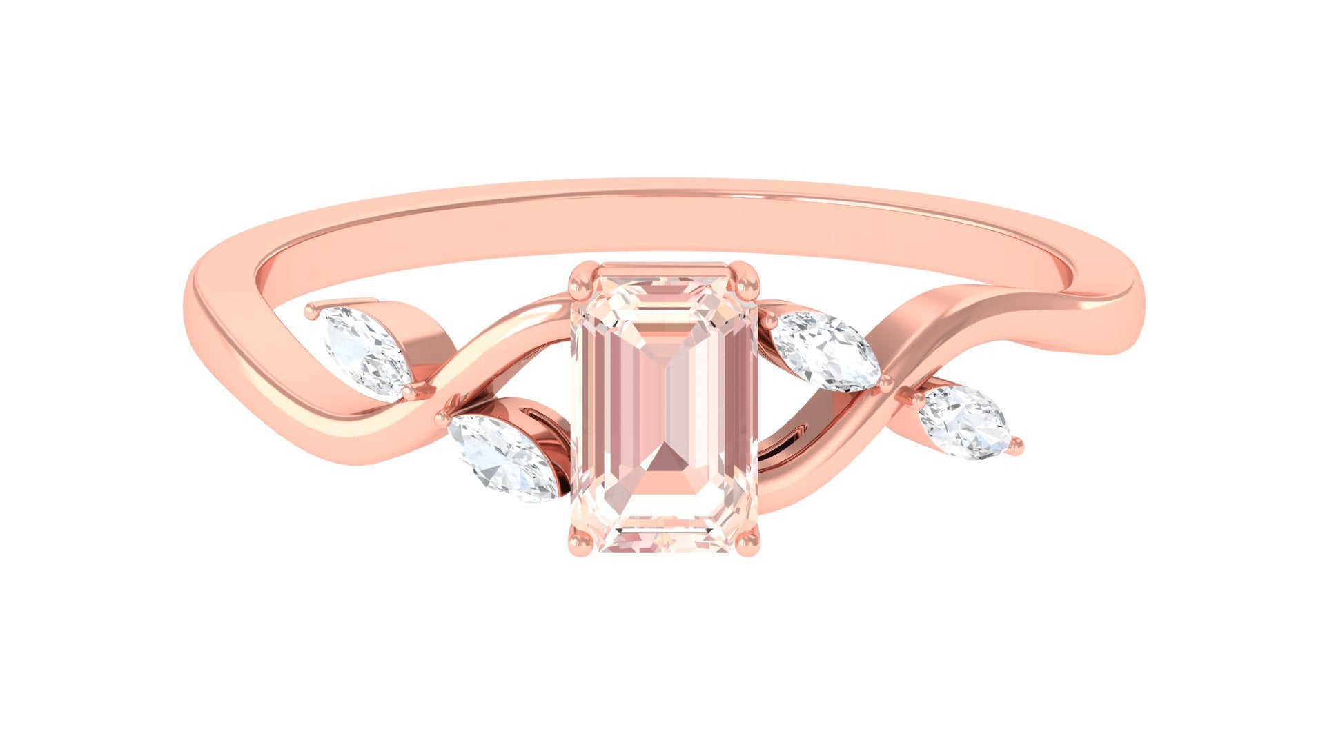 Emerald Cut Morganite and Diamond Solitaire Engagement Ring in Split Shank Morganite - ( AAA ) - Quality - Rosec Jewels