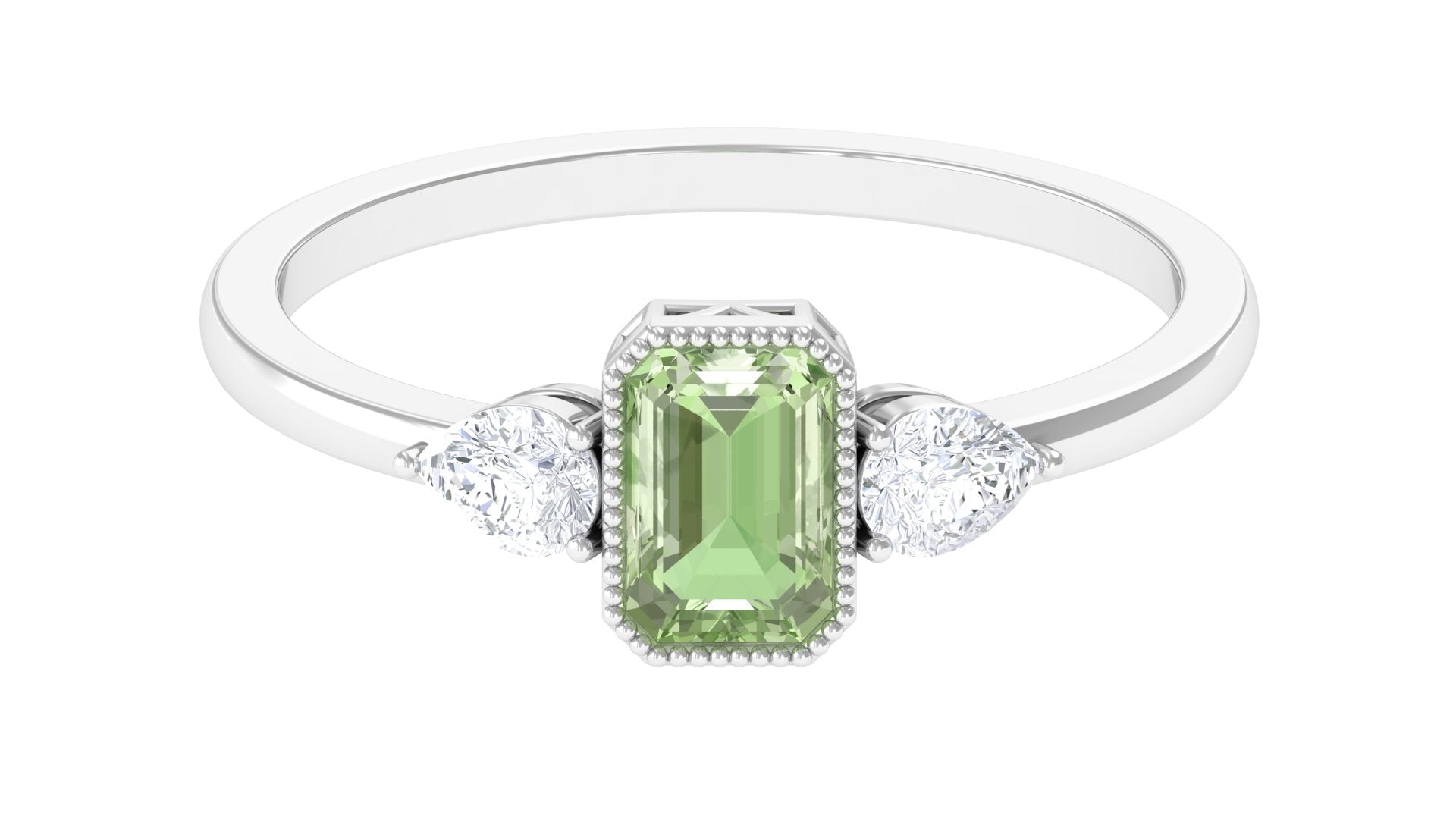 Green Sapphire and Diamond Three Stone Ring in Bezel Setting Green Sapphire - ( AAA ) - Quality - Rosec Jewels