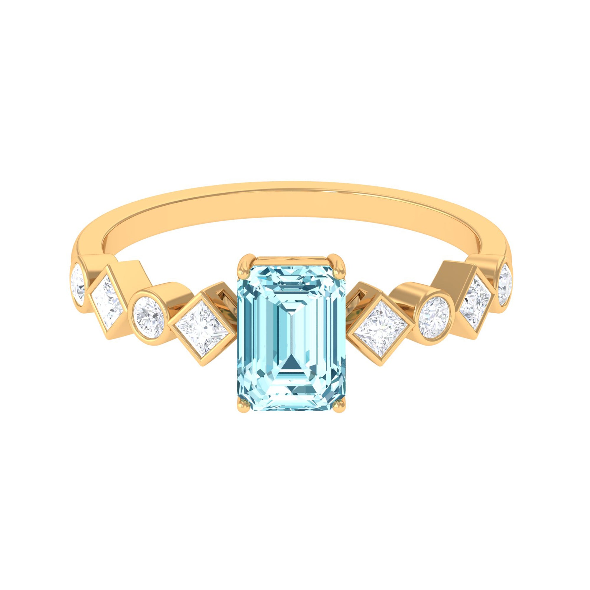 Emerald Cut Aquamarine Engagement Ring with Diamond Side Stones Aquamarine - ( AAA ) - Quality - Rosec Jewels