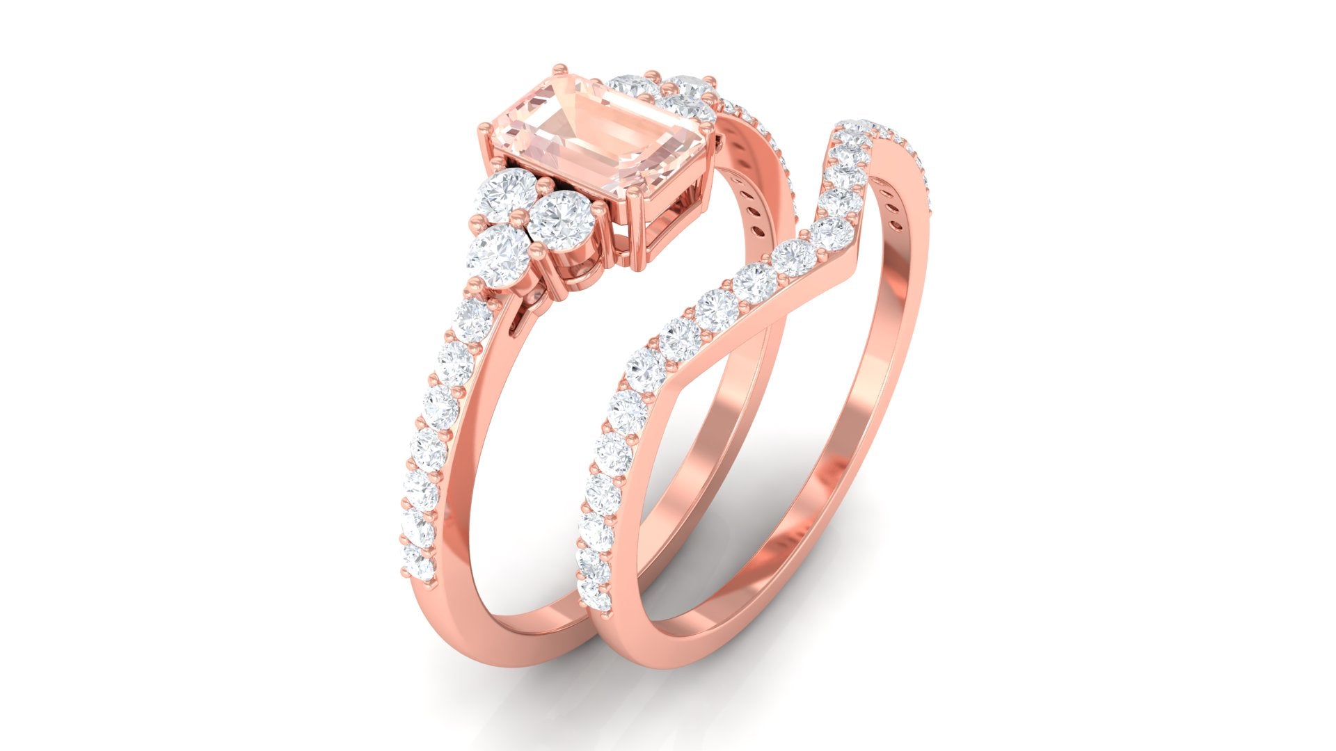 Real Morganite Stackable Ring Set with Diamond Morganite - ( AAA ) - Quality - Rosec Jewels