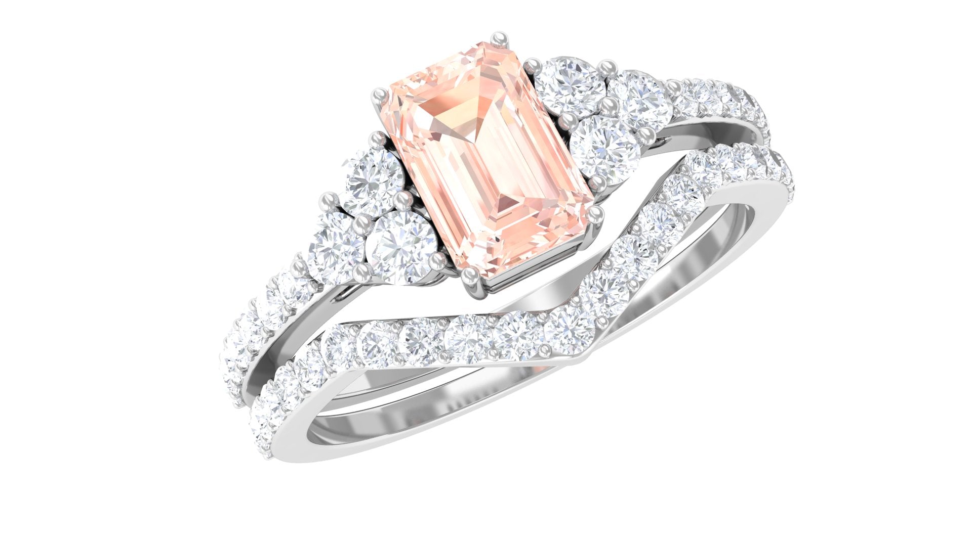 Real Morganite Stackable Ring Set with Diamond Morganite - ( AAA ) - Quality - Rosec Jewels