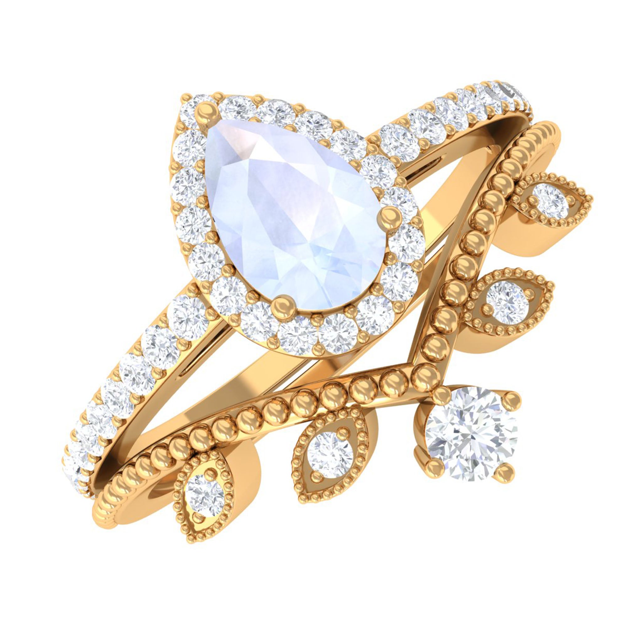 1.5 Vintage Inspired Moonstone Teardrop Wedding Ring Set with Diamond Moonstone - ( AAA ) - Quality - Rosec Jewels