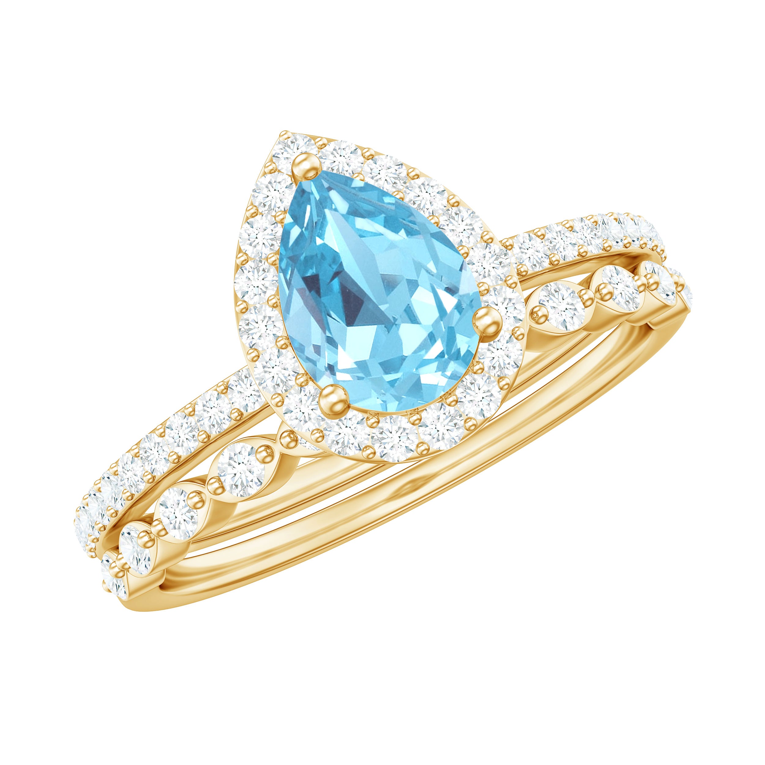 Teardrop Aquamarine Bridal Ring Set with Diamond Aquamarine - ( AAA ) - Quality - Rosec Jewels