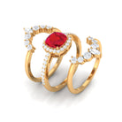 Cushion Cut Created Ruby Trio Wedding Ring Set with Moissanite Lab Created Ruby - ( AAAA ) - Quality - Rosec Jewels