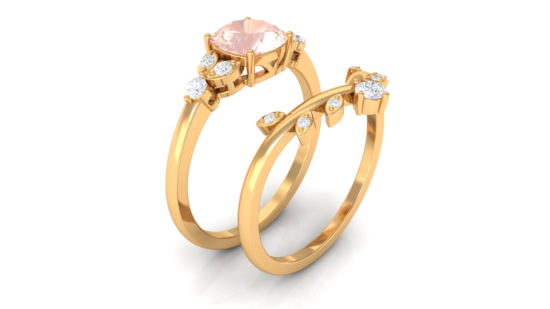 Morganite and Diamond Ring Set with Leaf Motif Morganite - ( AAA ) - Quality - Rosec Jewels