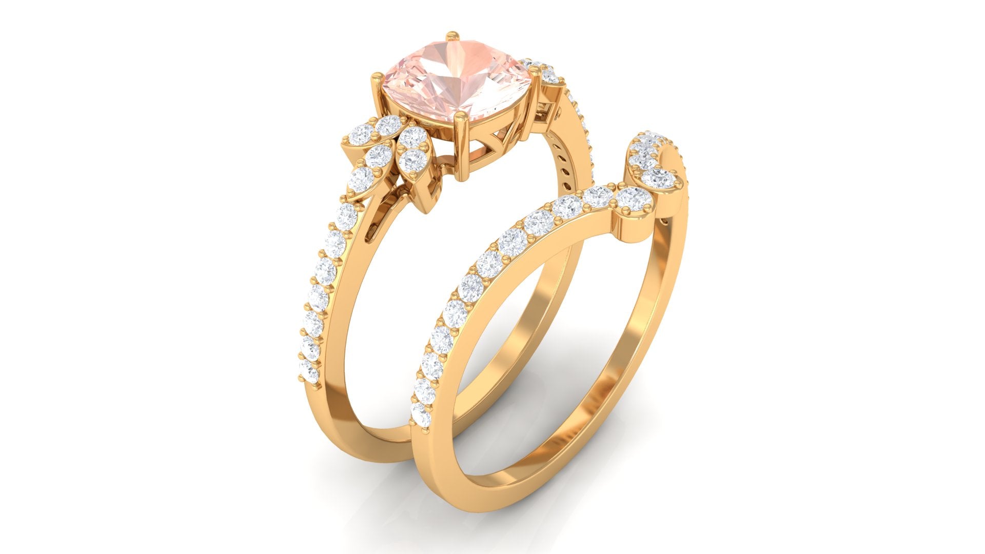 Cushion Cut Morganite and Diamond Bridal Ring Set Morganite - ( AAA ) - Quality - Rosec Jewels