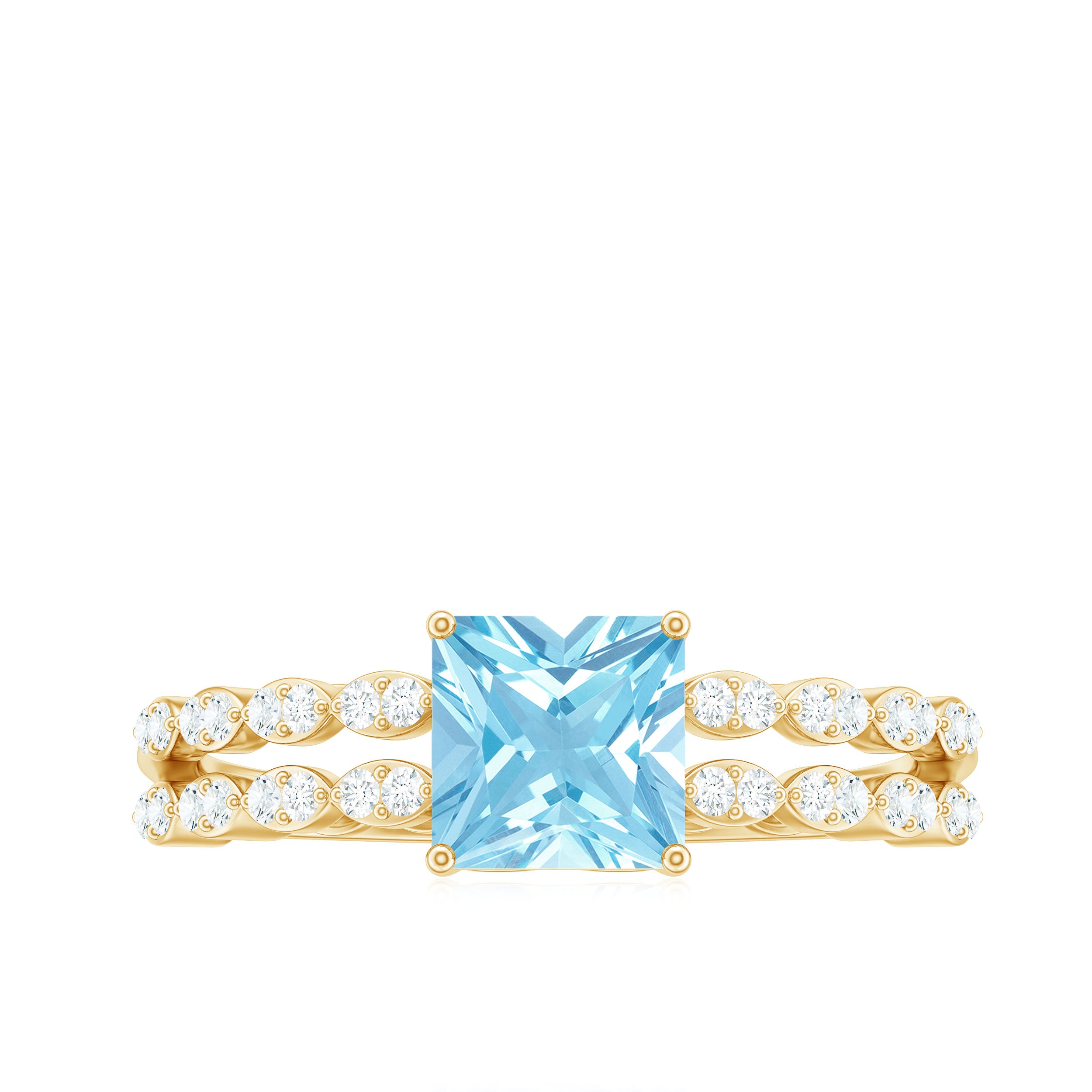 Princess Cut Aquamarine Solitaire Double Band Ring with Diamond Aquamarine - ( AAA ) - Quality - Rosec Jewels