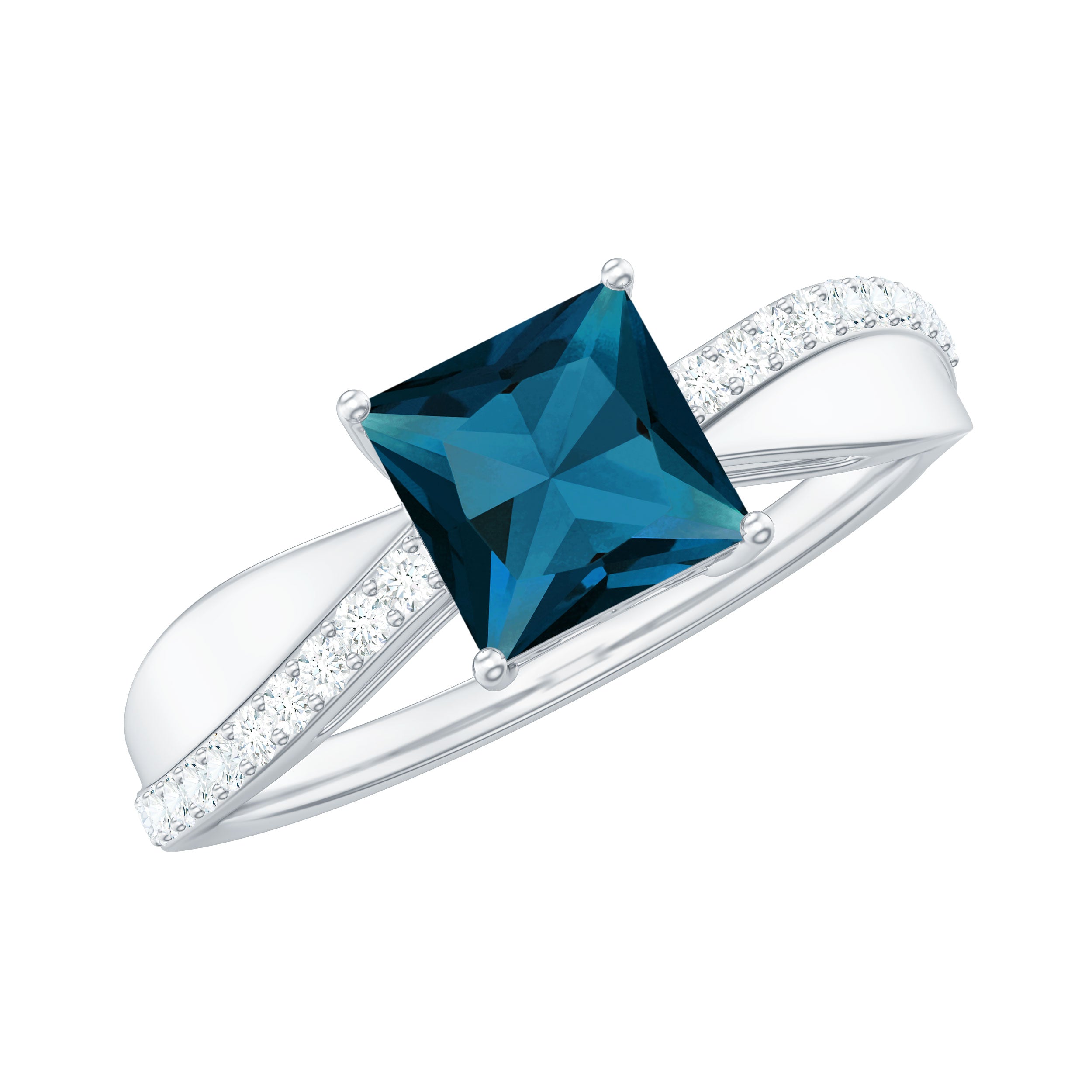 Princess Cut Real London Blue Topaz Solitaire Engagement Ring with Diamond London Blue Topaz - ( AAA ) - Quality - Rosec Jewels