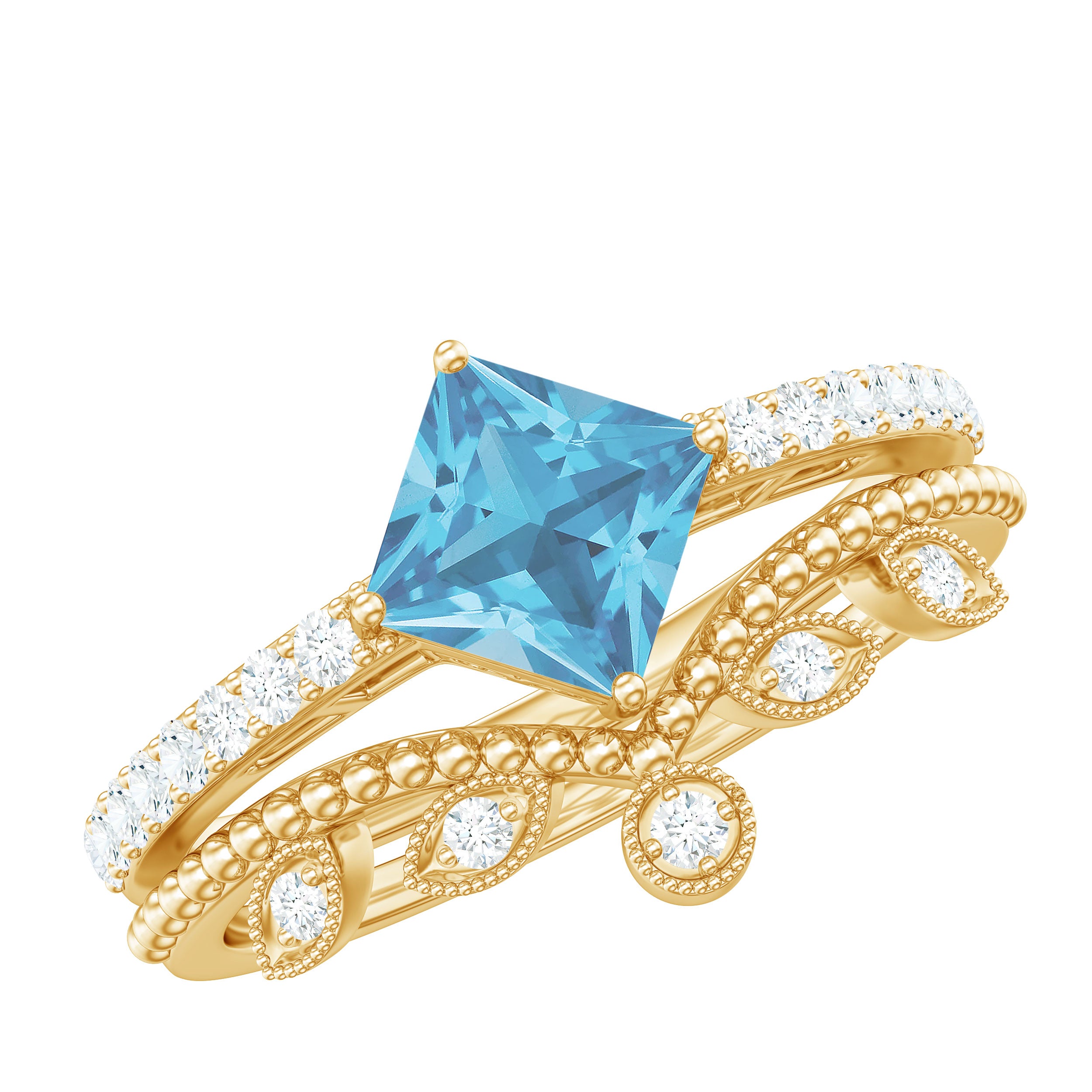 Princess Cut Swiss Blue Topaz Vintage Ring Set with Diamond Swiss Blue Topaz - ( AAA ) - Quality - Rosec Jewels