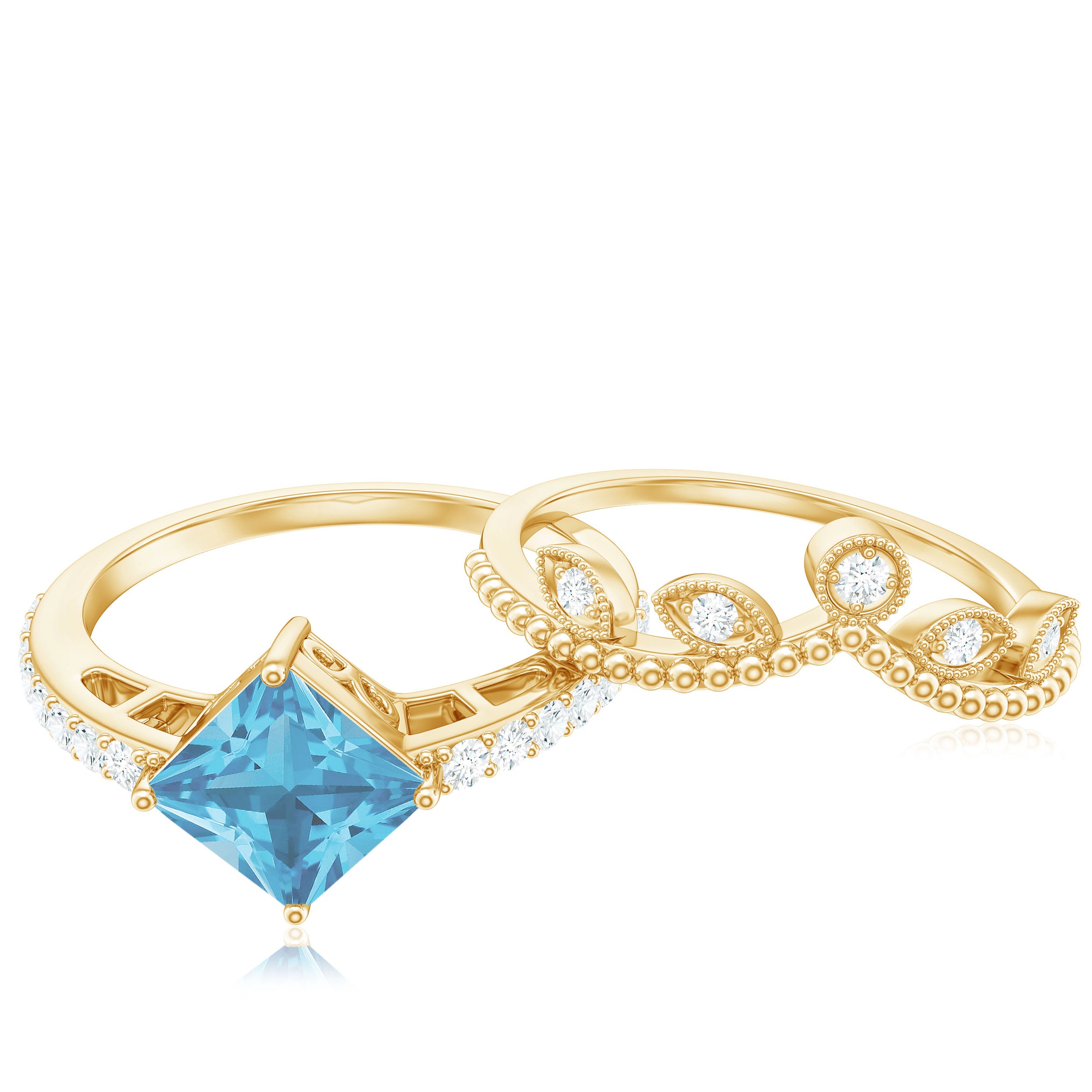 Princess Cut Swiss Blue Topaz Vintage Ring Set with Diamond Swiss Blue Topaz - ( AAA ) - Quality - Rosec Jewels