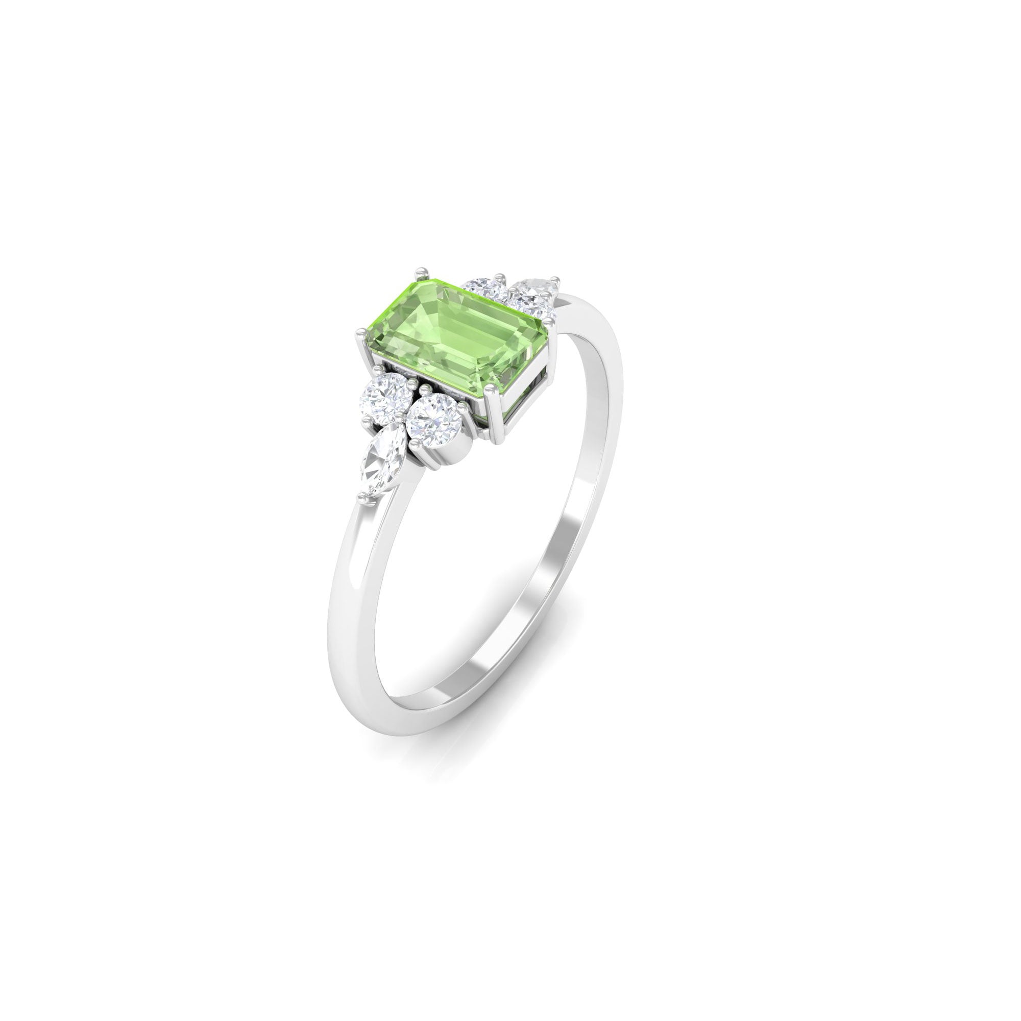 Emerald Cut Green Sapphire Promise Ring with Diamond Trio Green Sapphire - ( AAA ) - Quality - Rosec Jewels