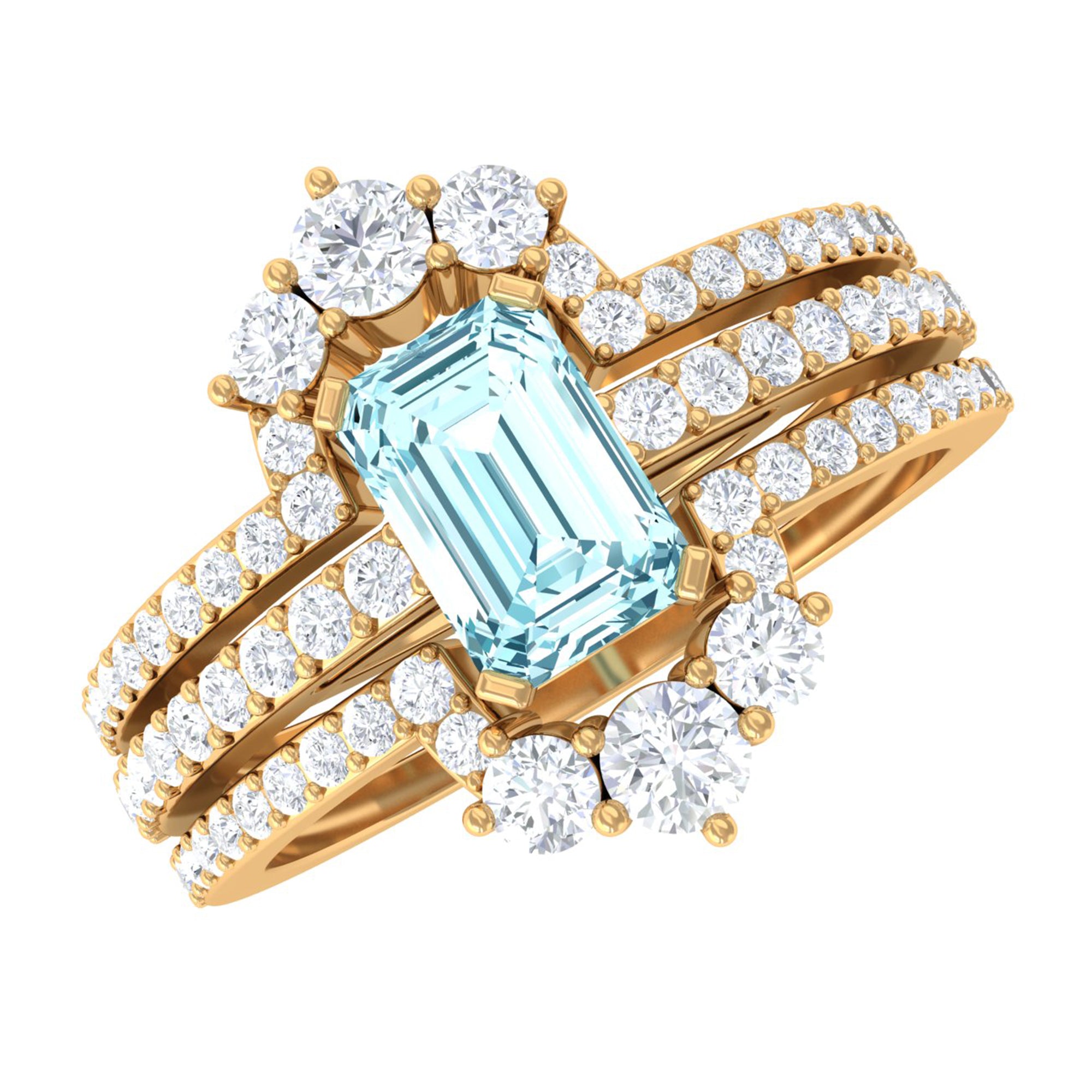 Octagon Cut Aquamarine Solitaire Trio Ring Set with Diamond Aquamarine - ( AAA ) - Quality - Rosec Jewels