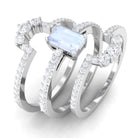 Octagon Cut Moonstone Solitaire Trio Ring Set with Moissanite Moonstone - ( AAA ) - Quality - Rosec Jewels