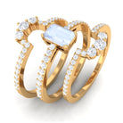 Octagon Cut Moonstone Solitaire Trio Ring Set with Moissanite Moonstone - ( AAA ) - Quality - Rosec Jewels