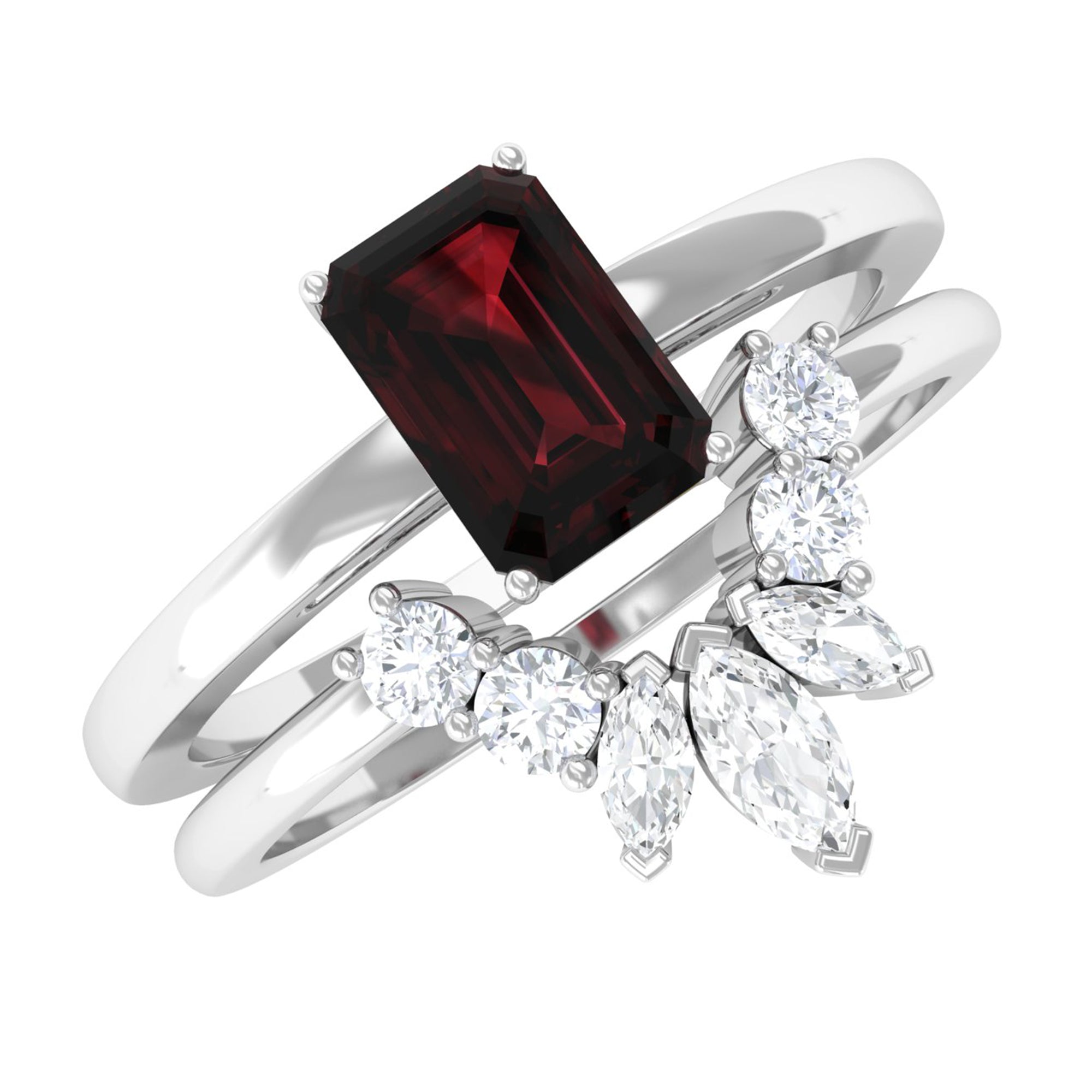 Octagon Cut Garnet Wedding Ring Set with Diamond Garnet - ( AAA ) - Quality - Rosec Jewels