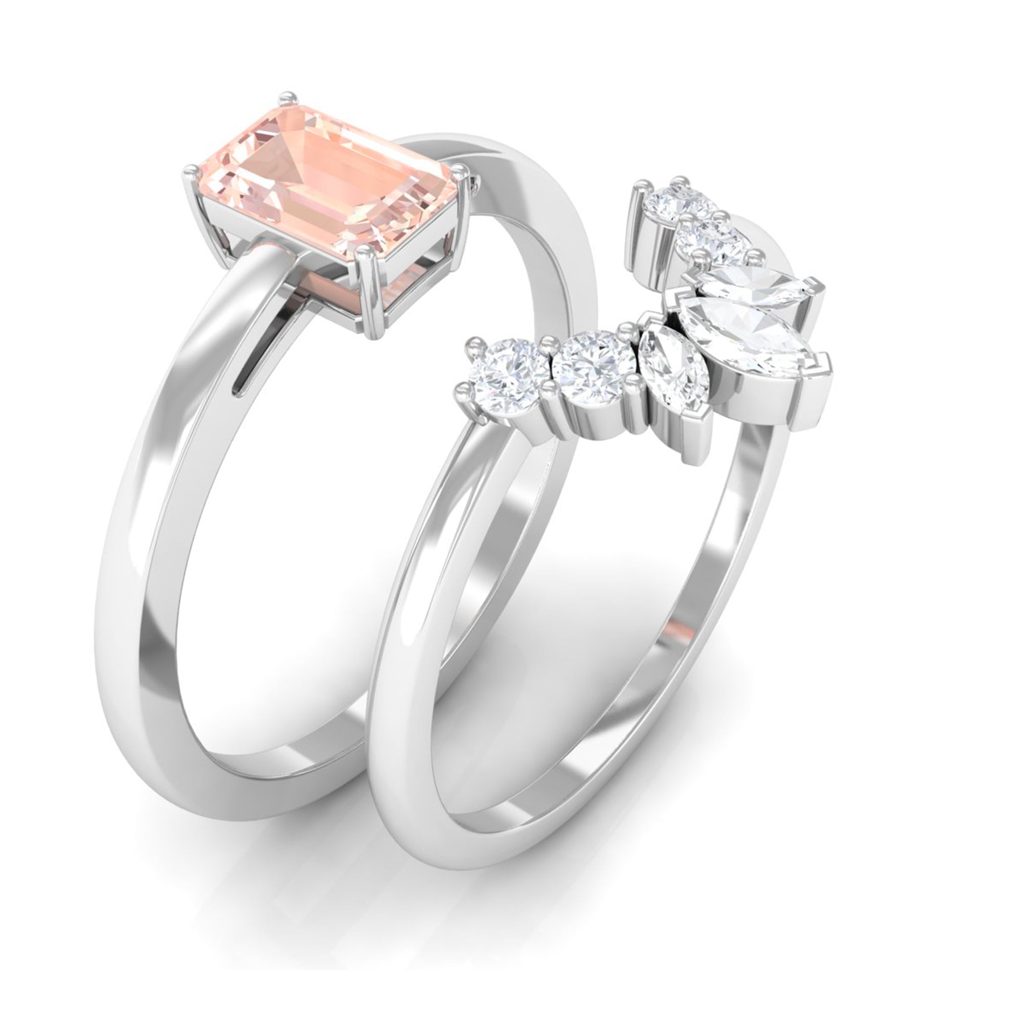 Emerald Cut Morganite Wedding Ring Set with Diamond Morganite - ( AAA ) - Quality - Rosec Jewels