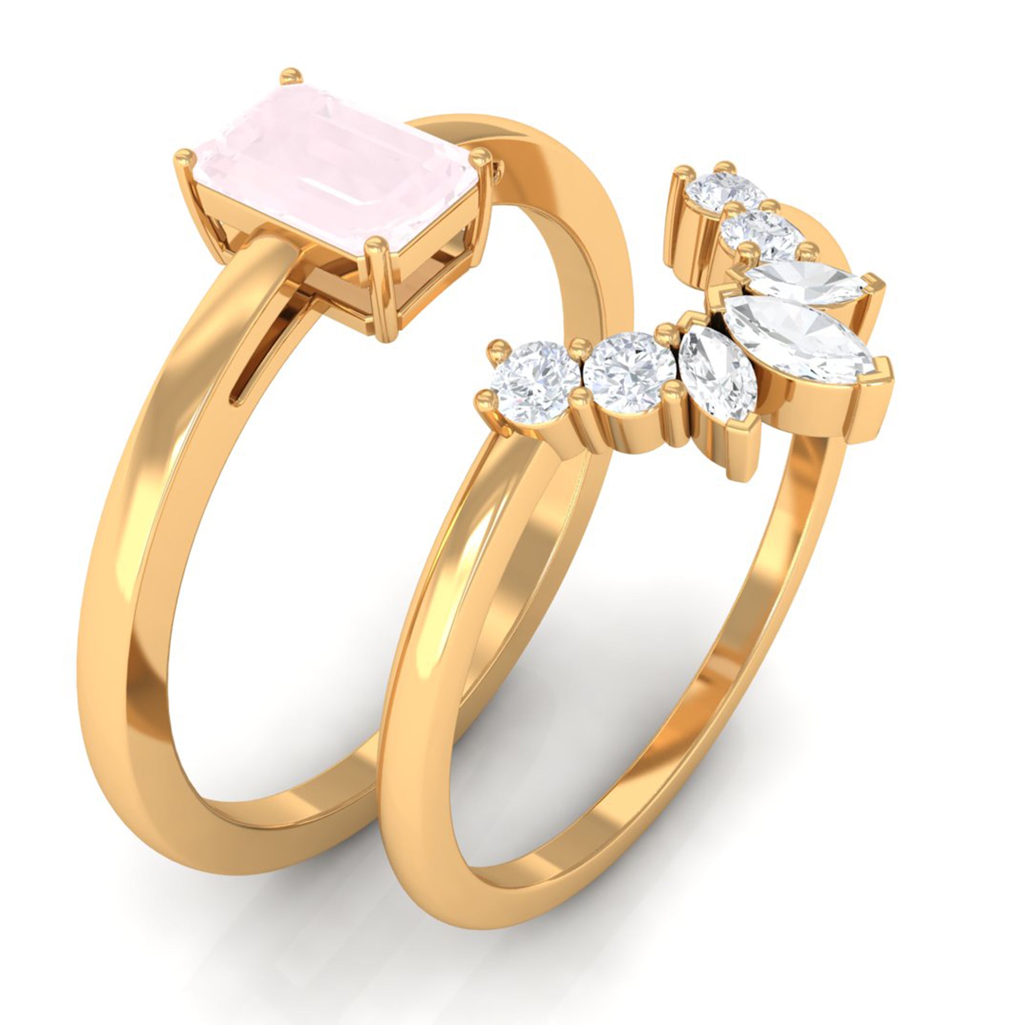 Octagon Cut Rose Quartz Wedding Ring Set with Diamond Rose Quartz - ( AAA ) - Quality - Rosec Jewels