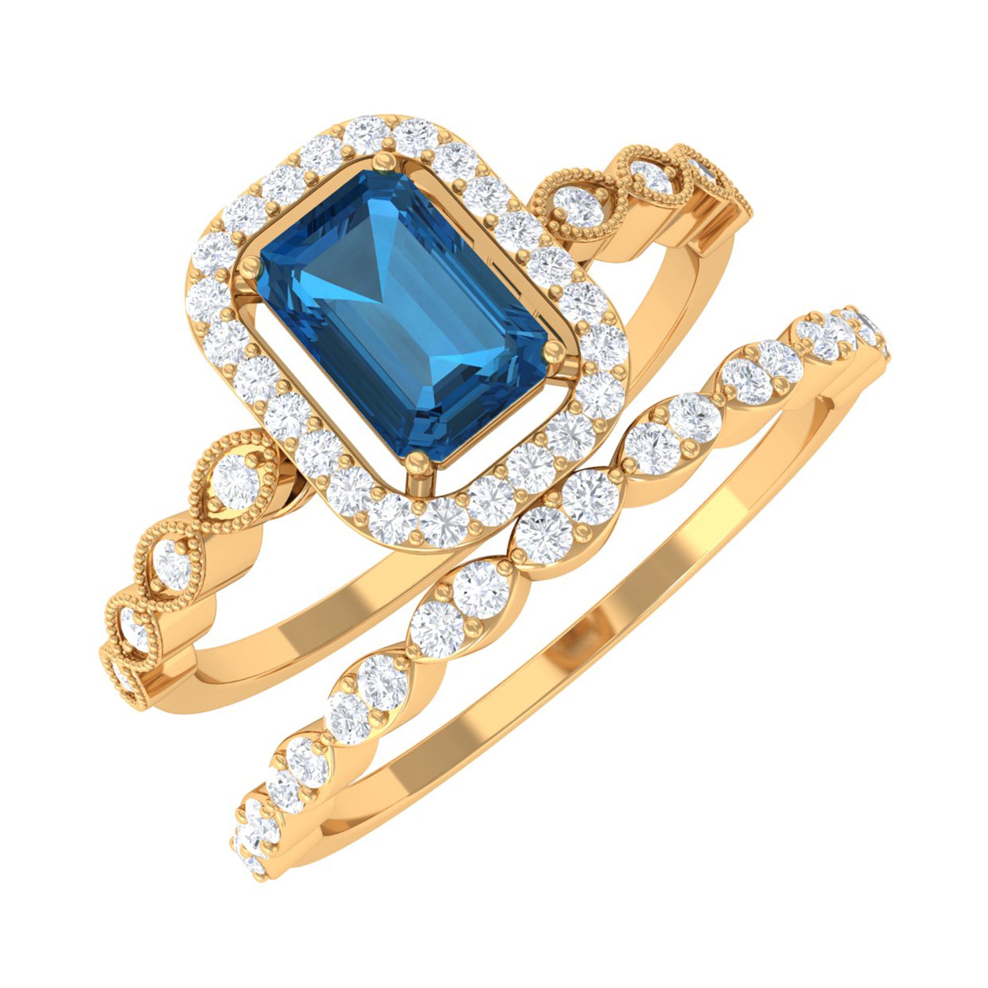 Octagon Cut London Blue Topaz and Diamond Designer Ring Set London Blue Topaz - ( AAA ) - Quality - Rosec Jewels