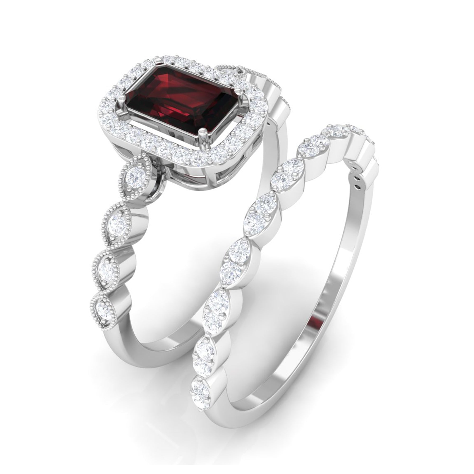 Octagon Cut Garnet and Diamond Designer Ring Set Garnet - ( AAA ) - Quality - Rosec Jewels