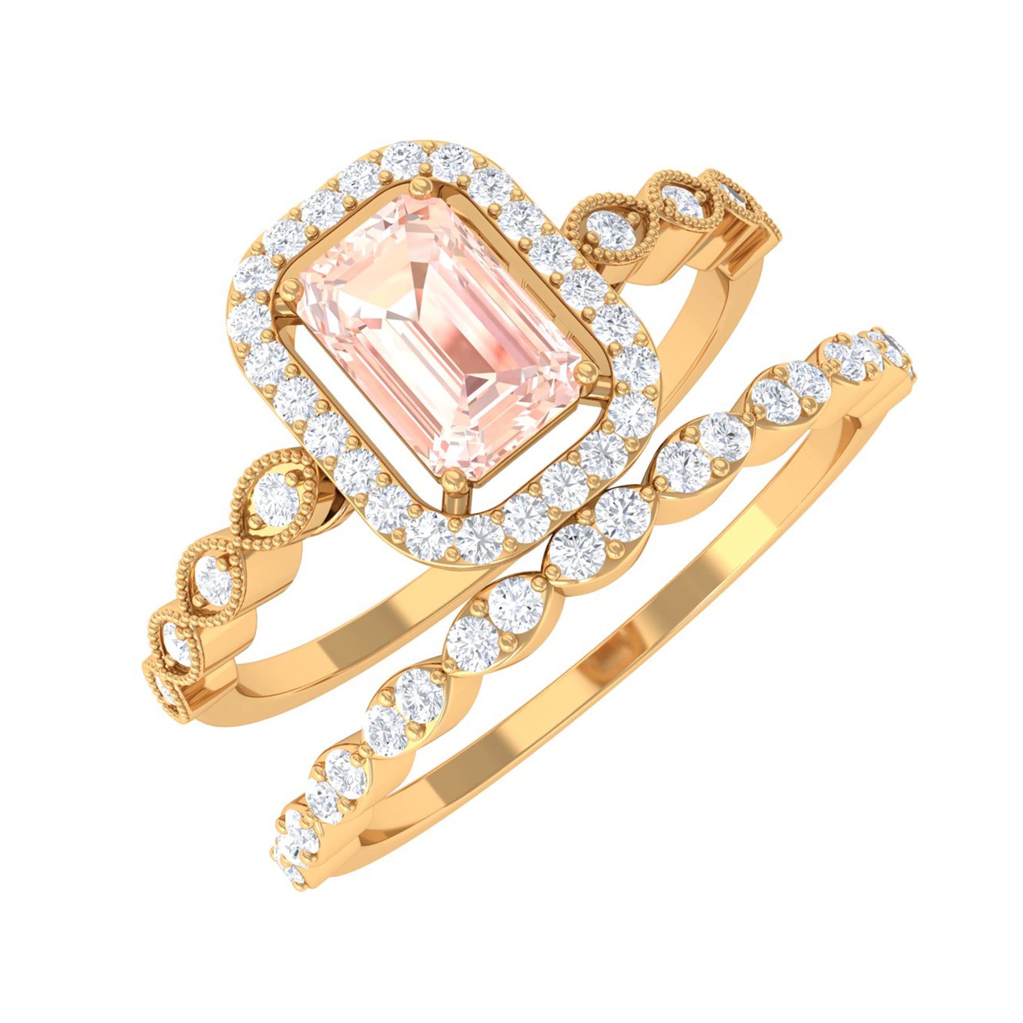 Emerald Cut Morganite and Diamond Designer Ring Set Morganite - ( AAA ) - Quality - Rosec Jewels