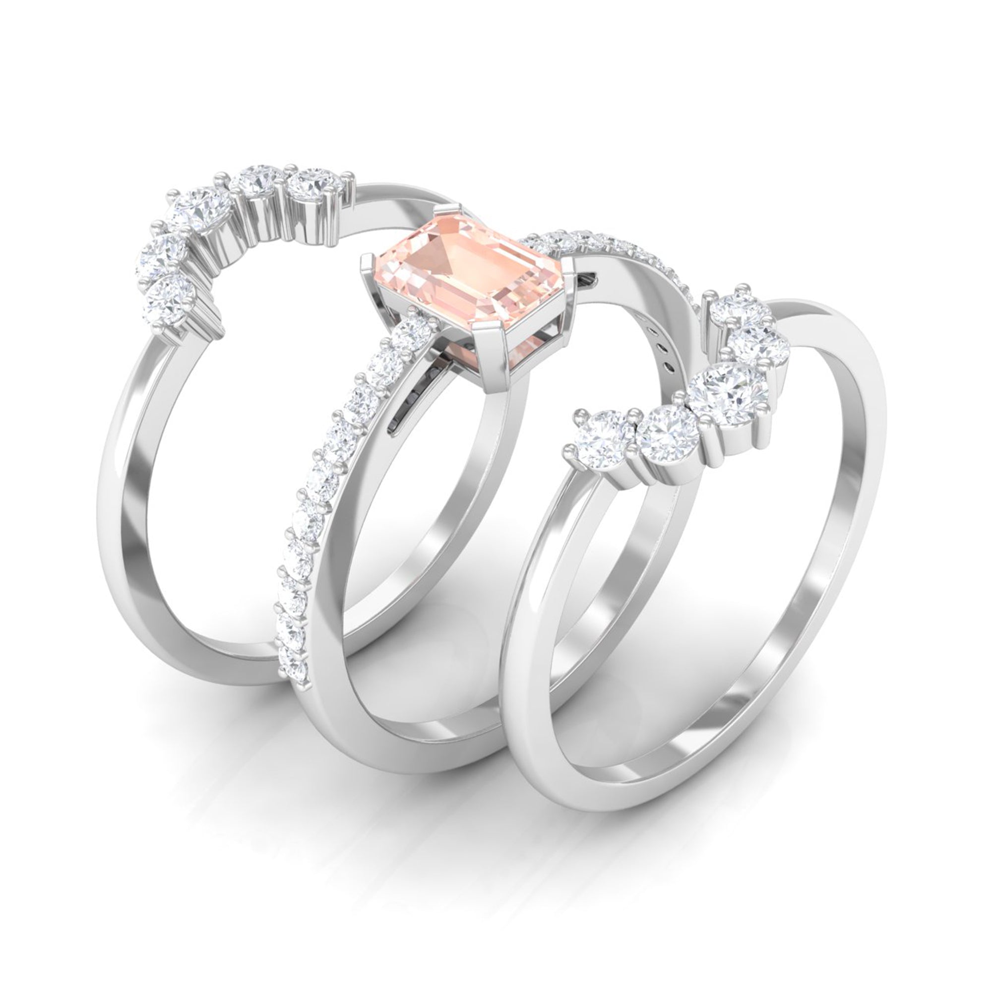 Real Morganite Solitaire Trio Ring Set with Diamond Morganite - ( AAA ) - Quality - Rosec Jewels