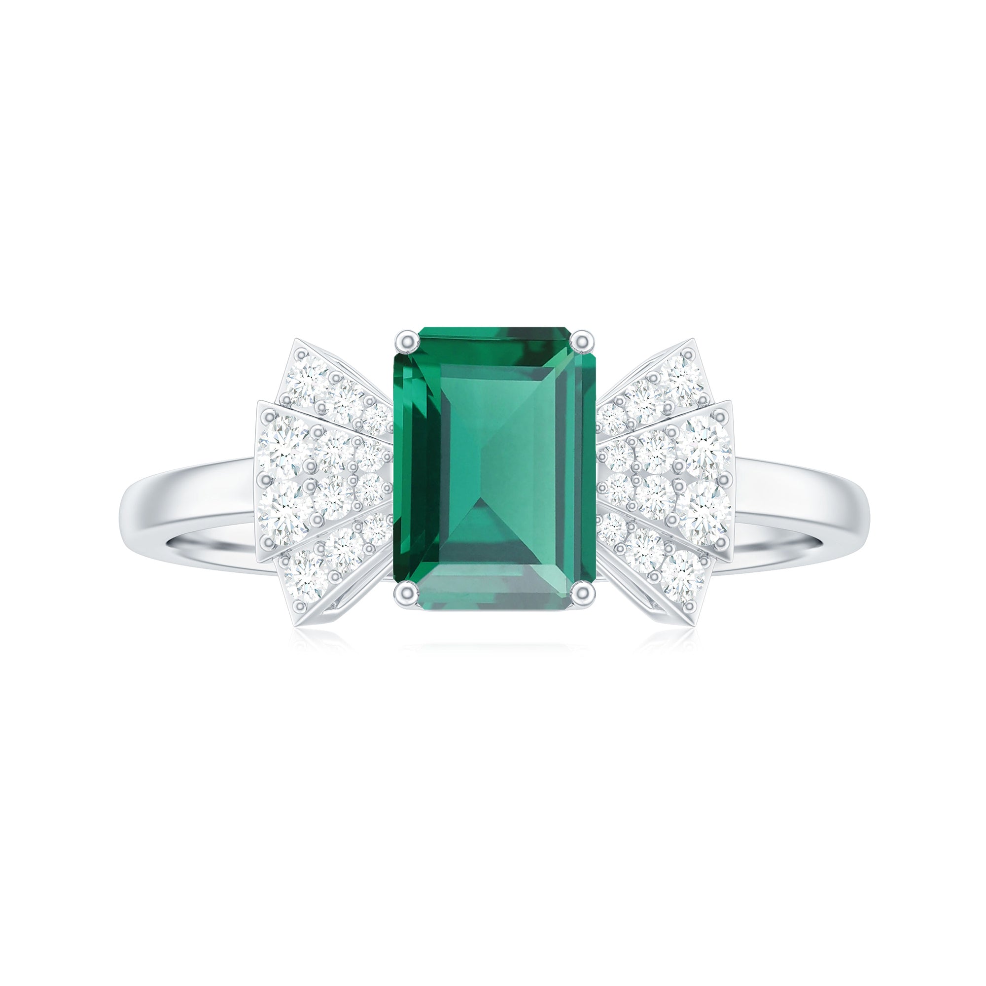 2 CT Octagon Cut Created Emerald and Diamond Solitaire Engagement Ring Lab Created Emerald - ( AAAA ) - Quality - Rosec Jewels