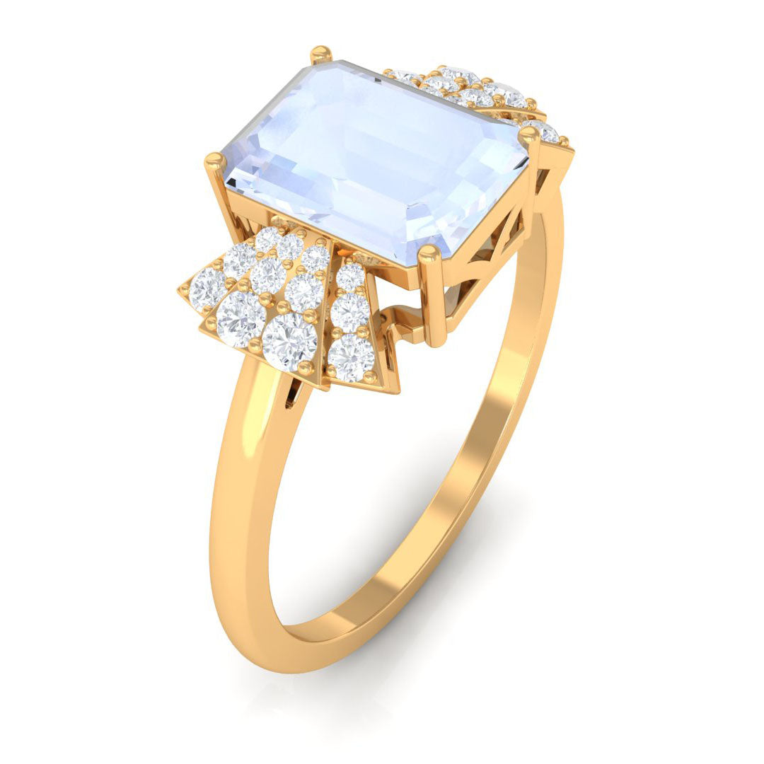 Emerald Cut Moonstone Designer Solitaire Ring with Diamond Moonstone - ( AAA ) - Quality - Rosec Jewels