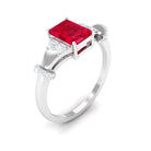 Emerald Cut Solitaire Created Ruby Ring with Diamond Lab Created Ruby - ( AAAA ) - Quality - Rosec Jewels