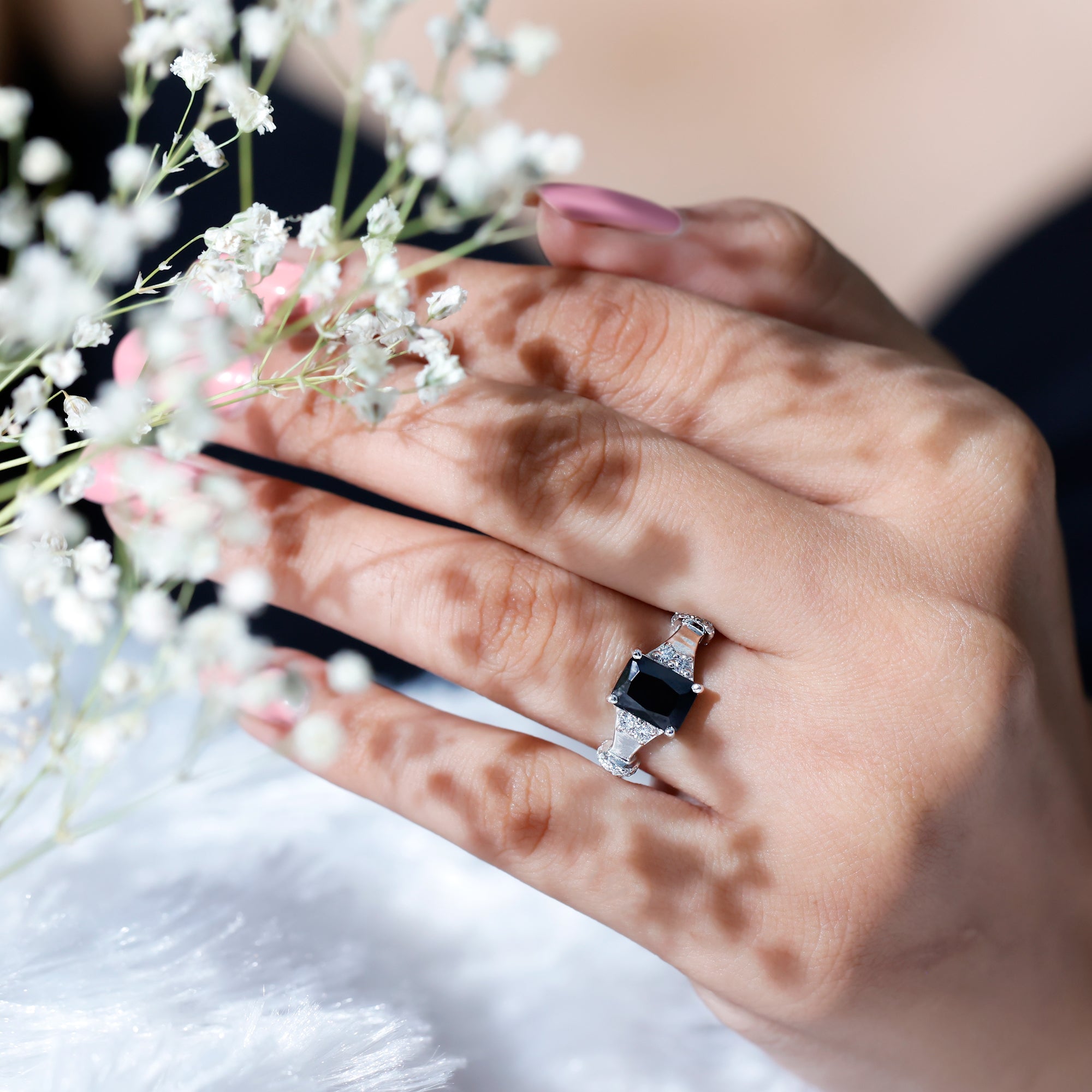 Rosec Jewels-Emerald Cut Black Onyx Solitaire Ring with Moissanite