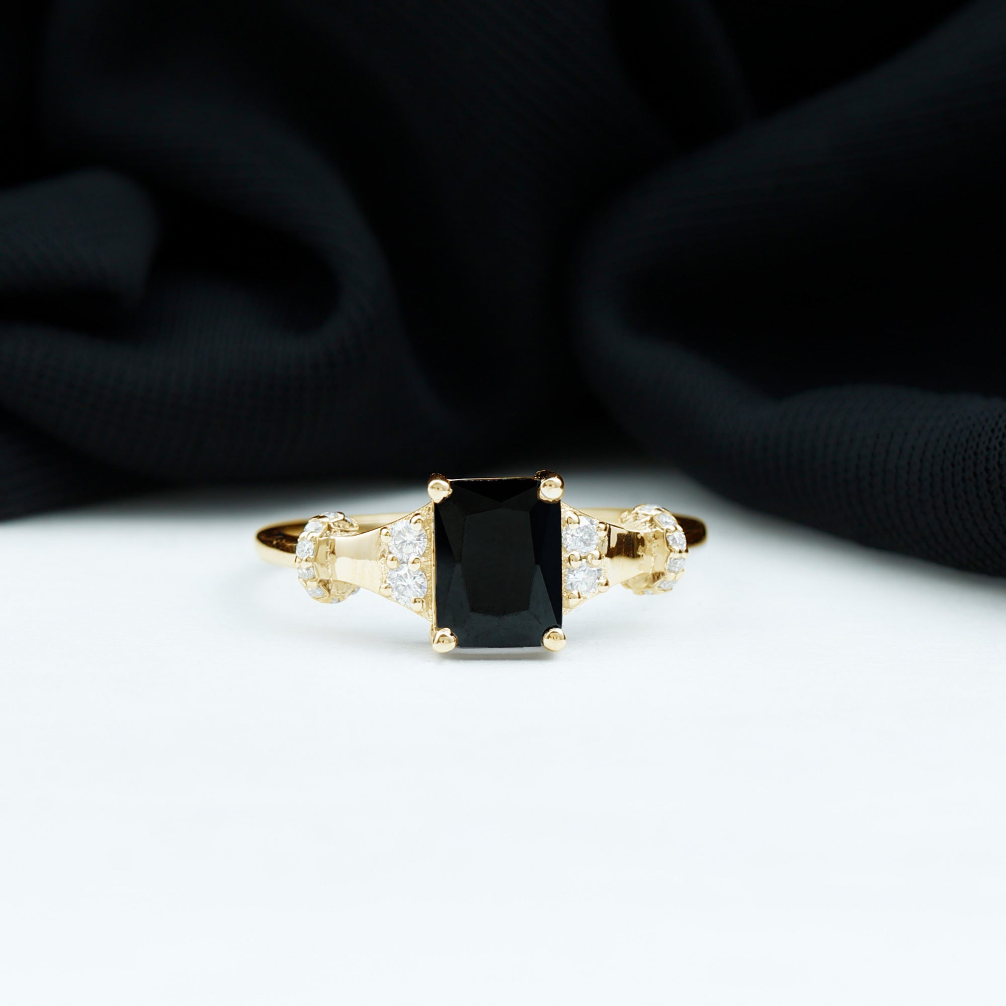 Rosec Jewels-Emerald Cut Black Onyx Solitaire Ring with Moissanite