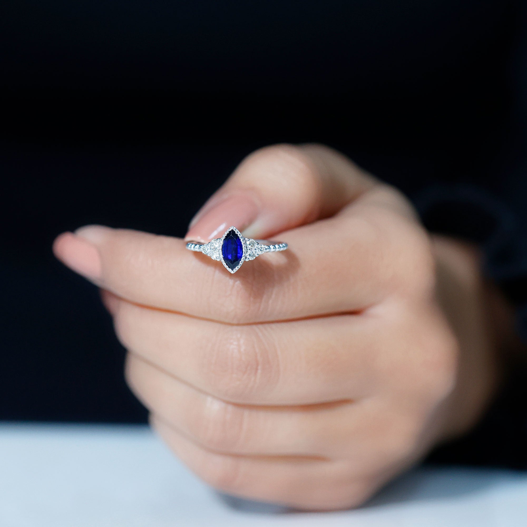 Marquise Cut Created Blue Sapphire Promise Ring With Diamond Lab Created Blue Sapphire - ( AAAA ) - Quality - Rosec Jewels