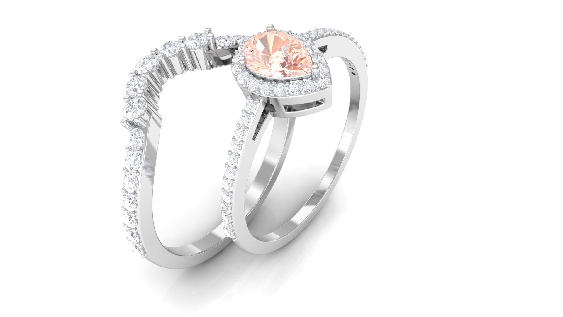 Morganite Designer Teardrop Ring Set with Diamond Halo Morganite - ( AAA ) - Quality - Rosec Jewels